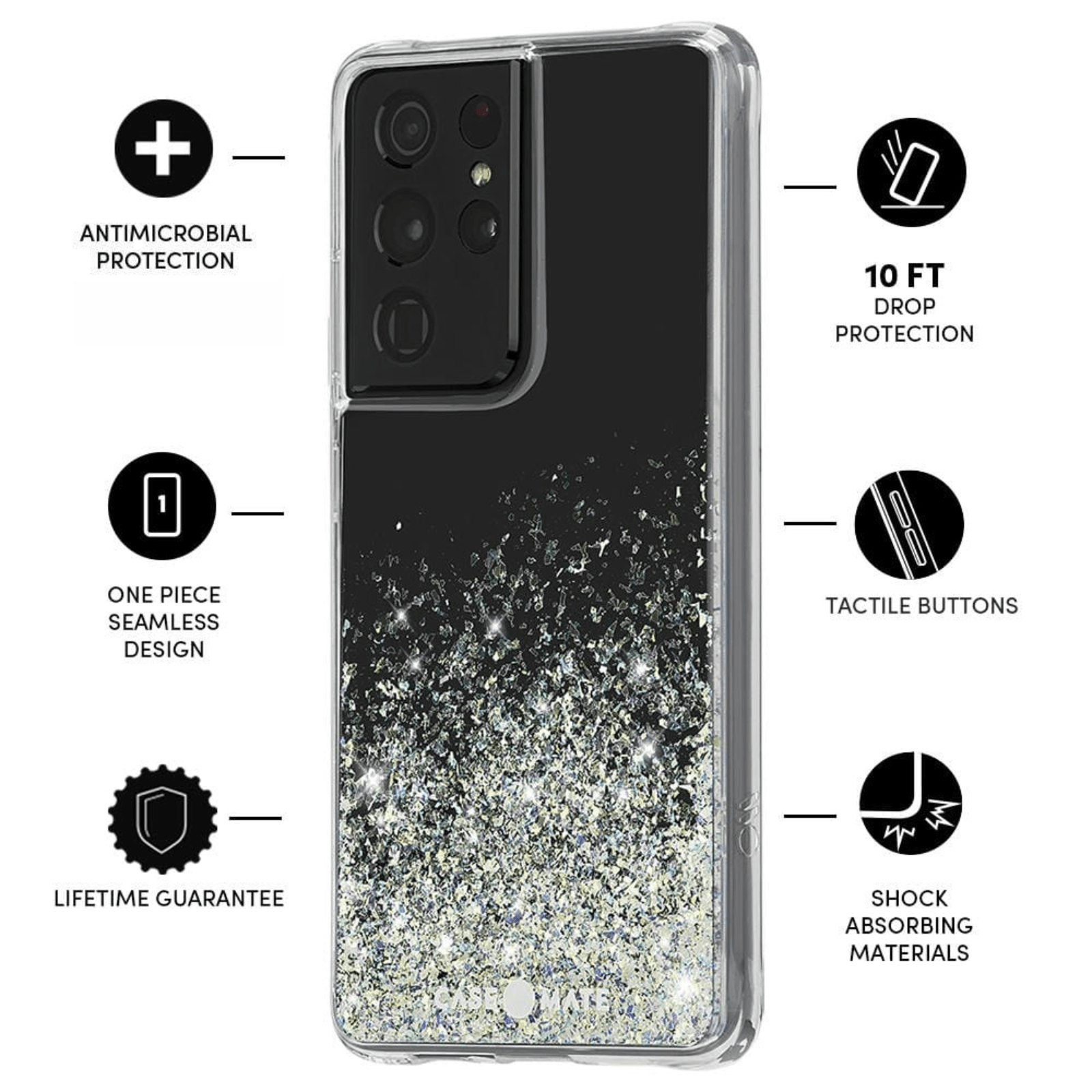 Antimicrobial Protection, One piece seamless design, lifetime guarantee, 10 ft drop protection, tactile buttons, shock absorbing materials. color::Twinkle Stardust
