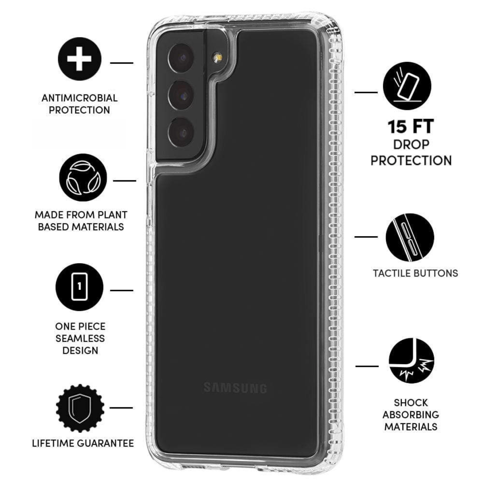 Features Antimicrobial Protection, Made from Plant Based Materials, One Piece Seamless Design, Lifetime Guarantee, 15 Ft Drop protection, Tactile Buttons, Shock Absorbing Materials. color::Clear