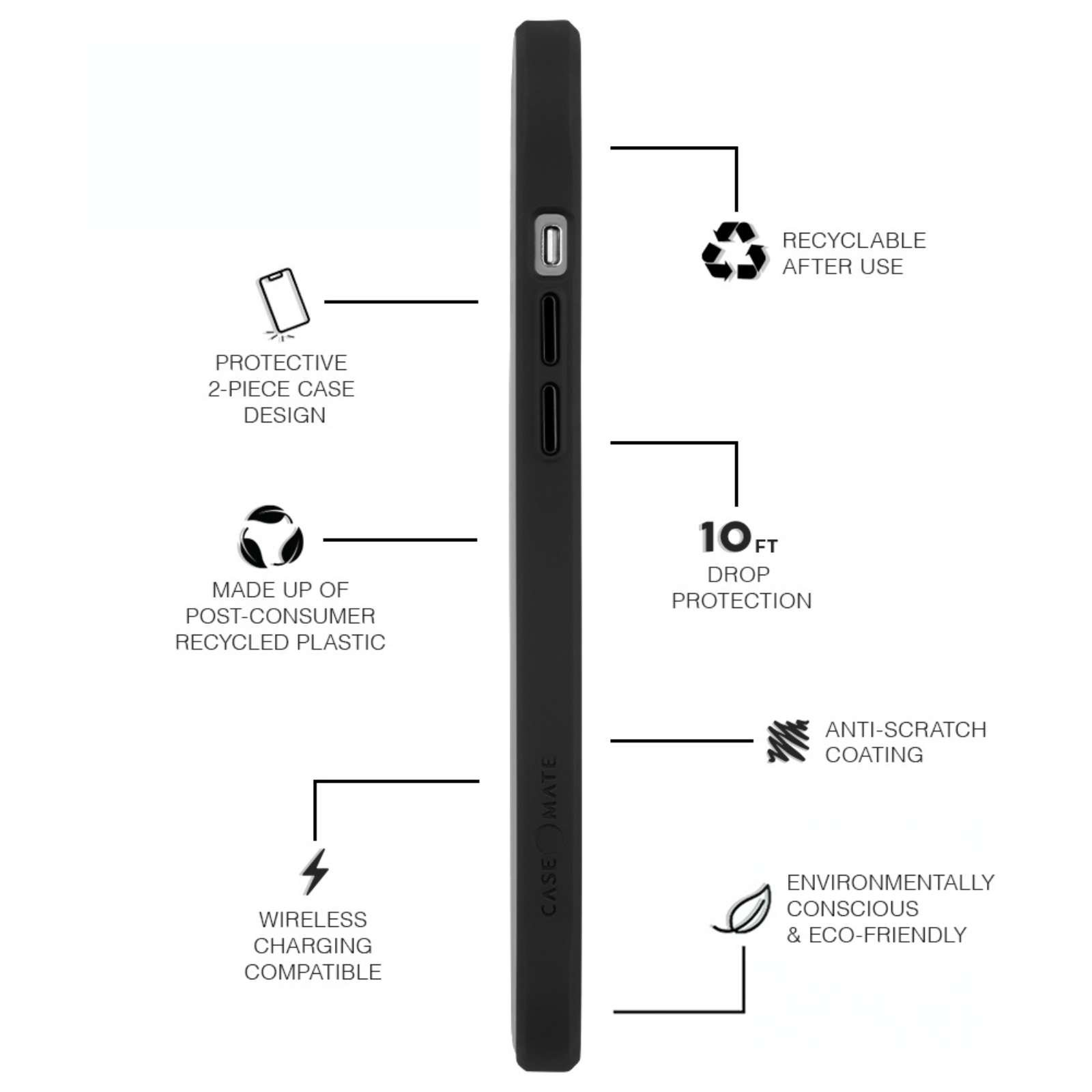 Features protective 2-piece case design, made up of post-consumer recycled plastic, wireless charging compatible, recyclable after use, 10ft drop protection, anti-scratch coating environmentally conscious & eco-friendly. color::Black