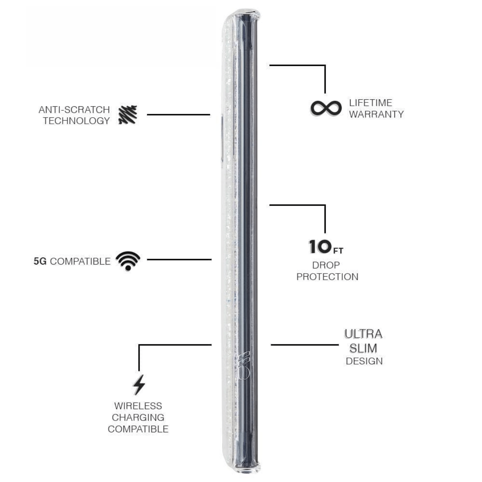 Features Anti- Scratch Technology, 5G Compatible, Wireless Charging Compatible, Lifetime Warranty, 10 ft Drop Protection, Ultra Slim Design. color::Twinkle Stardust