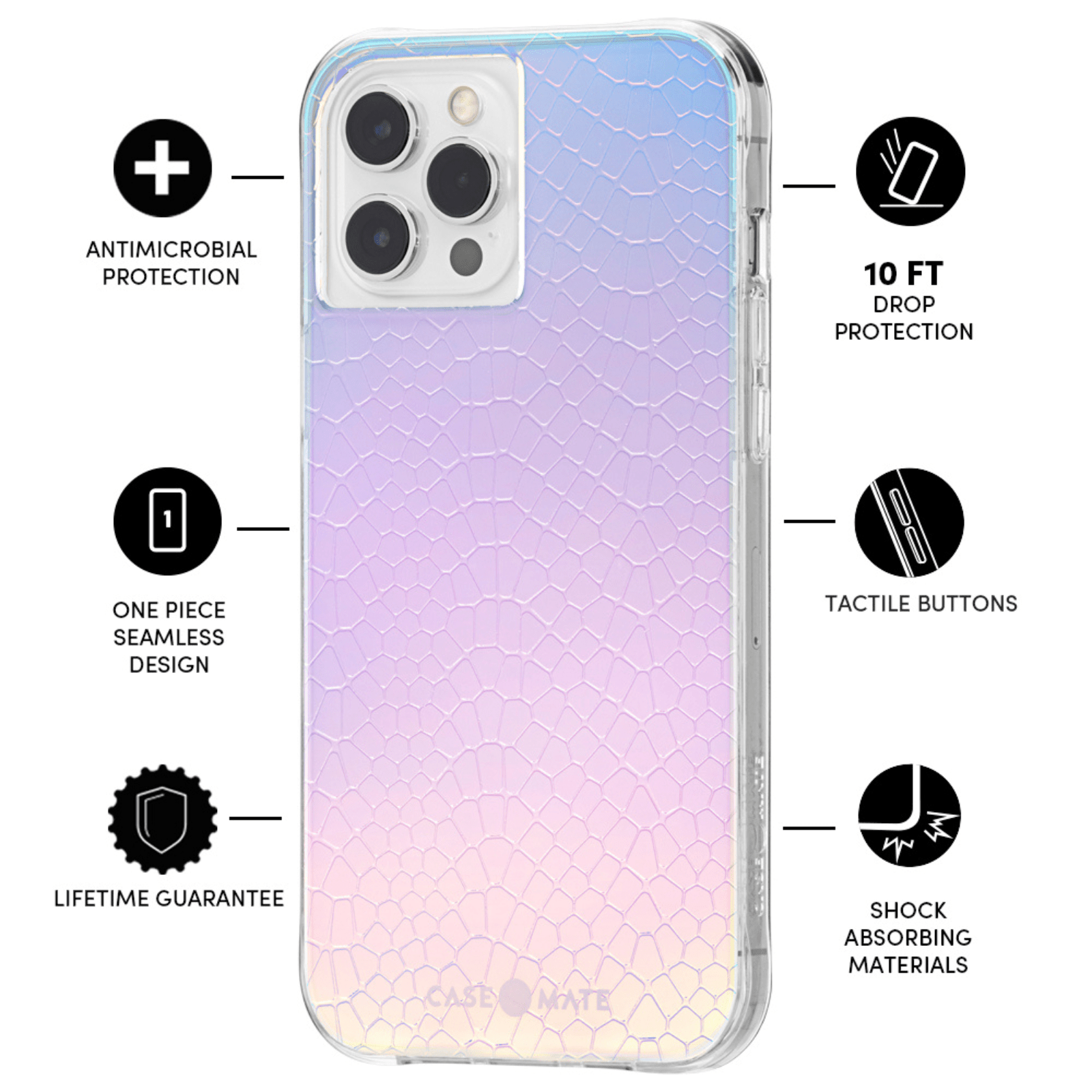 ANTIMICROBIAL PROTECTION, ONE PIECE SEAMLESS DESIGN, LIFETIME GUARANTEE, 10FT DROP PROTECTION, TACTILE BUTTONS, SHOCK ABSORBING MATERIALS. COLOR::IRIDESCENT SNAKE