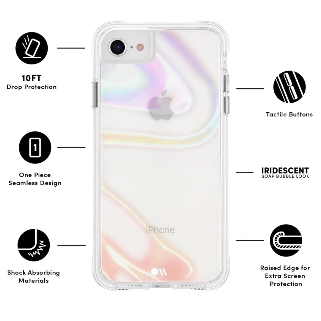 10 FT DROP PROTECTION, ONE PIECE SEAMLESS DESIGN, SHOCK ABSORBING MATERIALS, TACTILE BUTTONS, IRIDESCENT SOAP BUBBLE LOOK, RAISED EDGE FOR EXTRA SCREEN PROTECTION. COLOR::SOAP BUBBLE