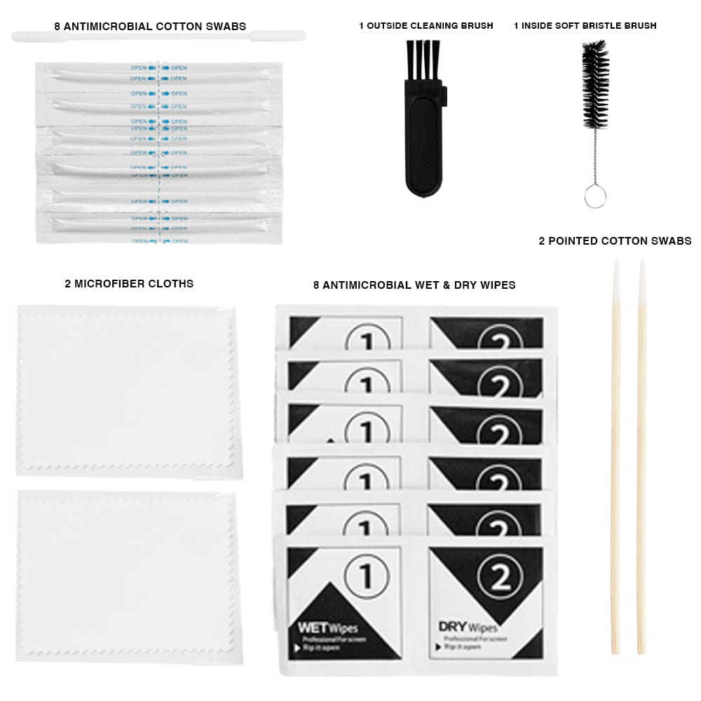 8 antimicrobial cotton swabs. 1 outside cleaning brush. 1 inside soft bristle brush. 2 microfiber cloths. 8 antimicrobial wet and dry wipes. 2 pointed cotton swabs.