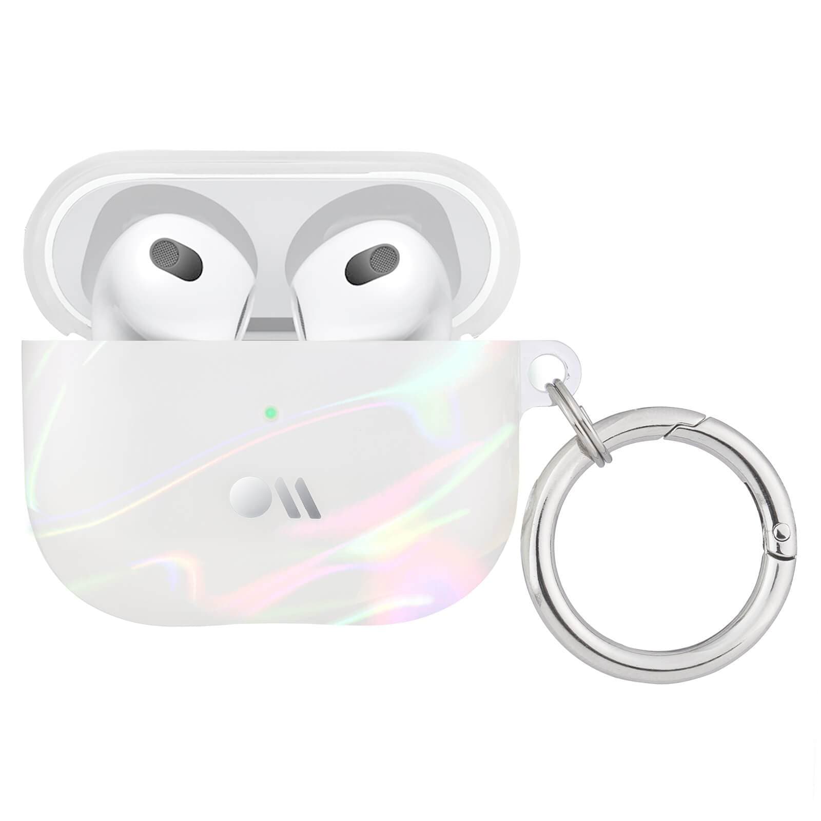 AirPods 3rd gen open with Soap Bubble case on. color::Soap Bubble