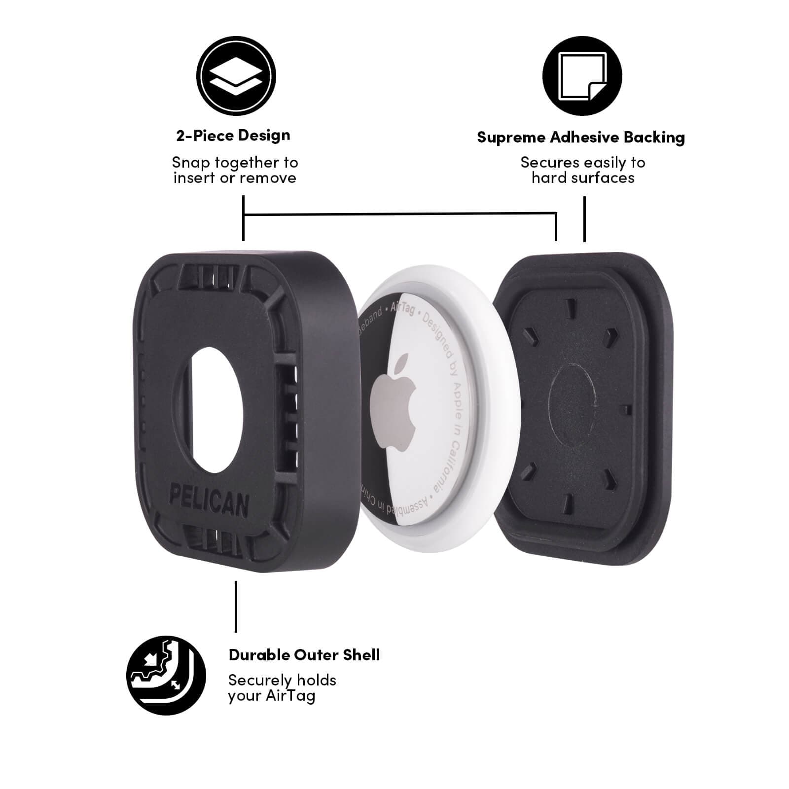 2 Piece Design. Snap together to insert or remove. Supreme Adhesive Backing. Secures easily to hard surfaces. Durable Outer Shell. Securely Holds your AirTag. color::Gray