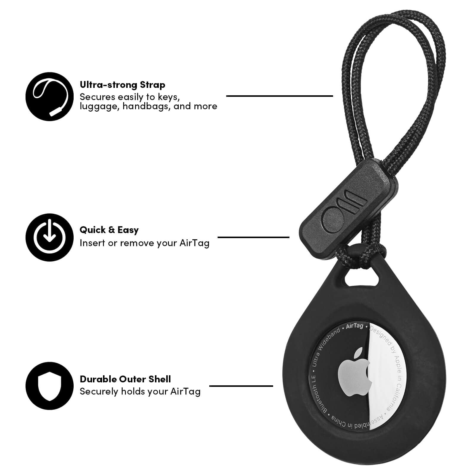 Ultra-strong Strap secures easily to keys, luggage, handbags, and more. Quick and Easy, Insert or remove your AirTag, Durable Outer shell Securely holds your AirTag. color::Black