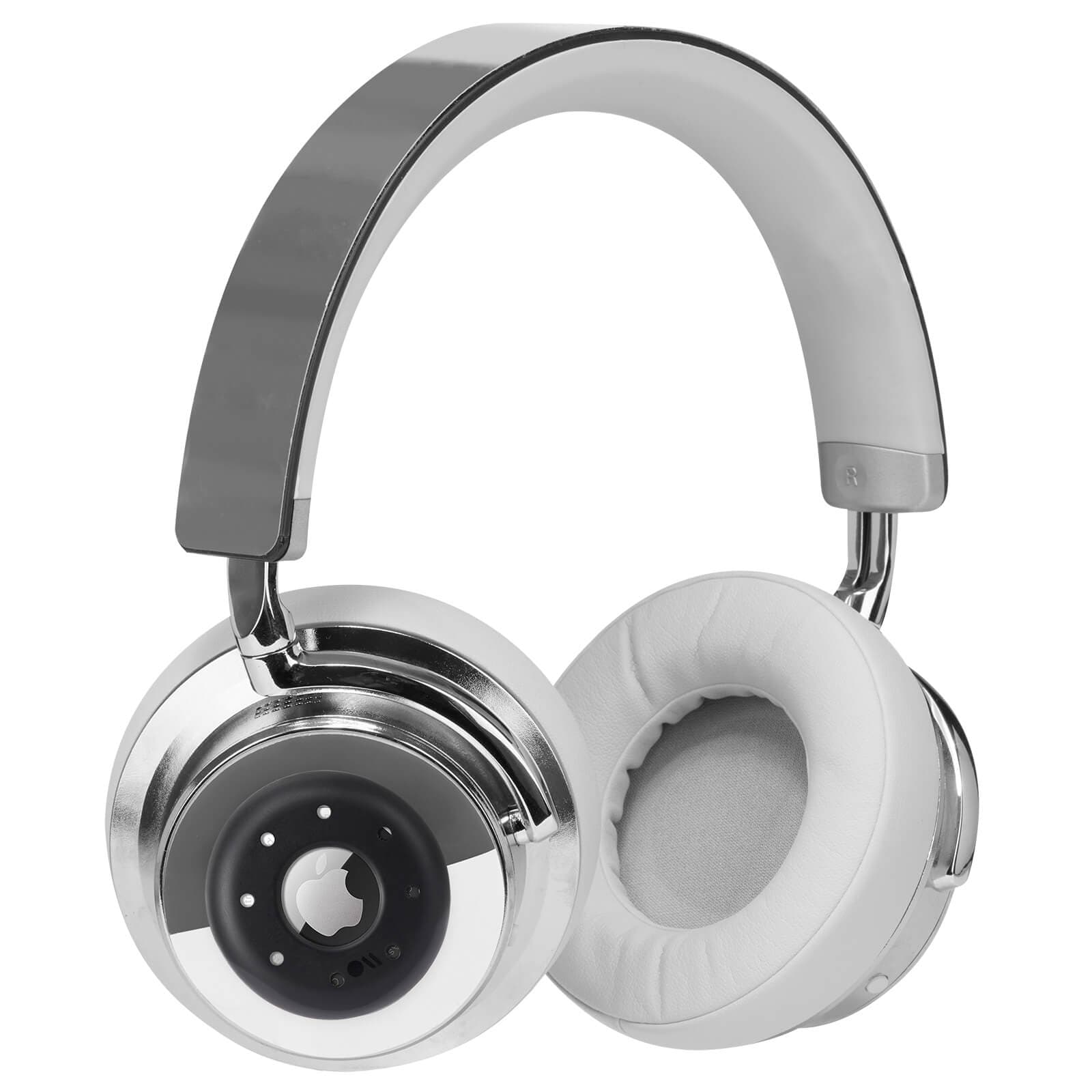 Tough AirTag Sticker Mount attached to headphones. color::Black