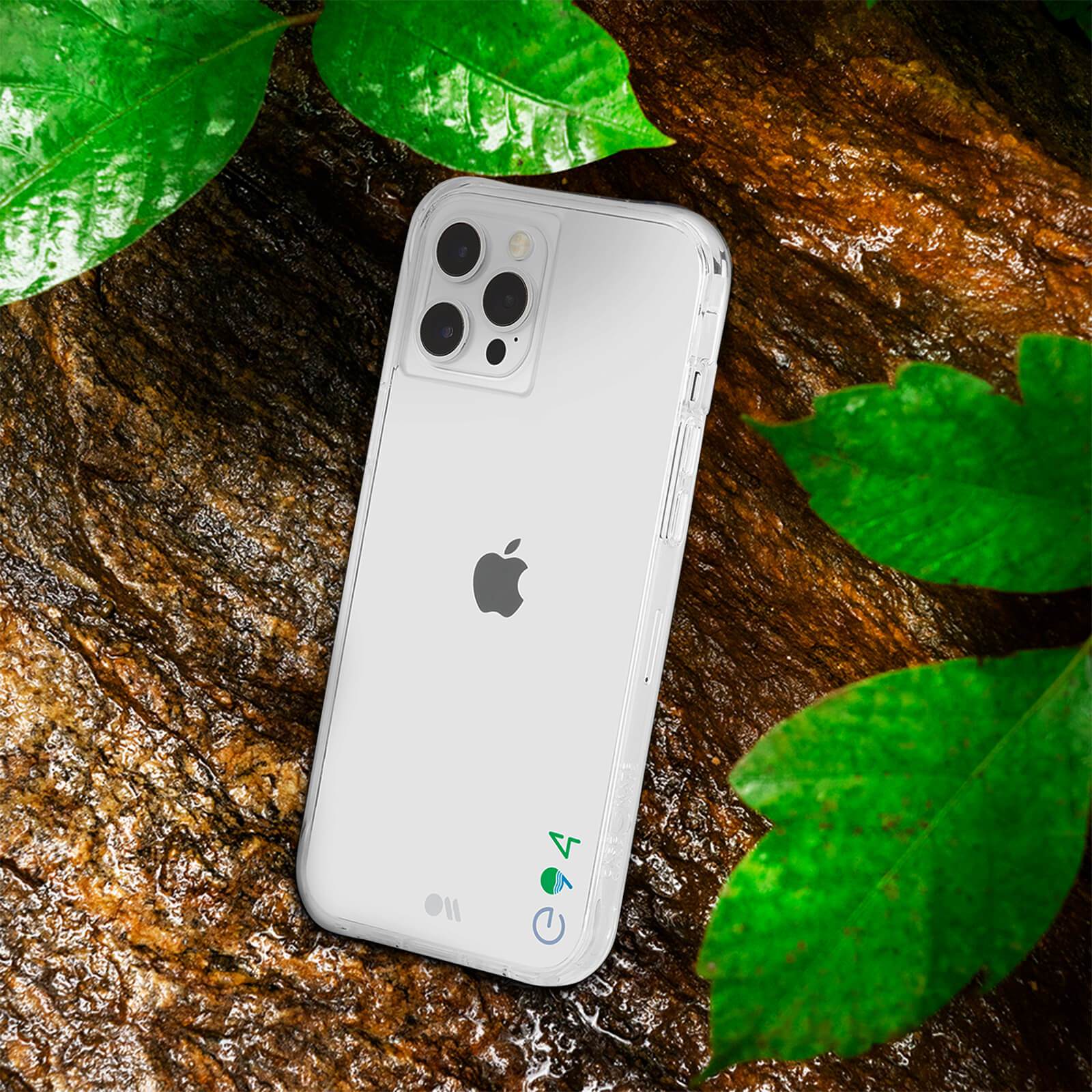 Clear eco-friendly iPhone 12 Pro Max case sitting in nature. color:: Clear
