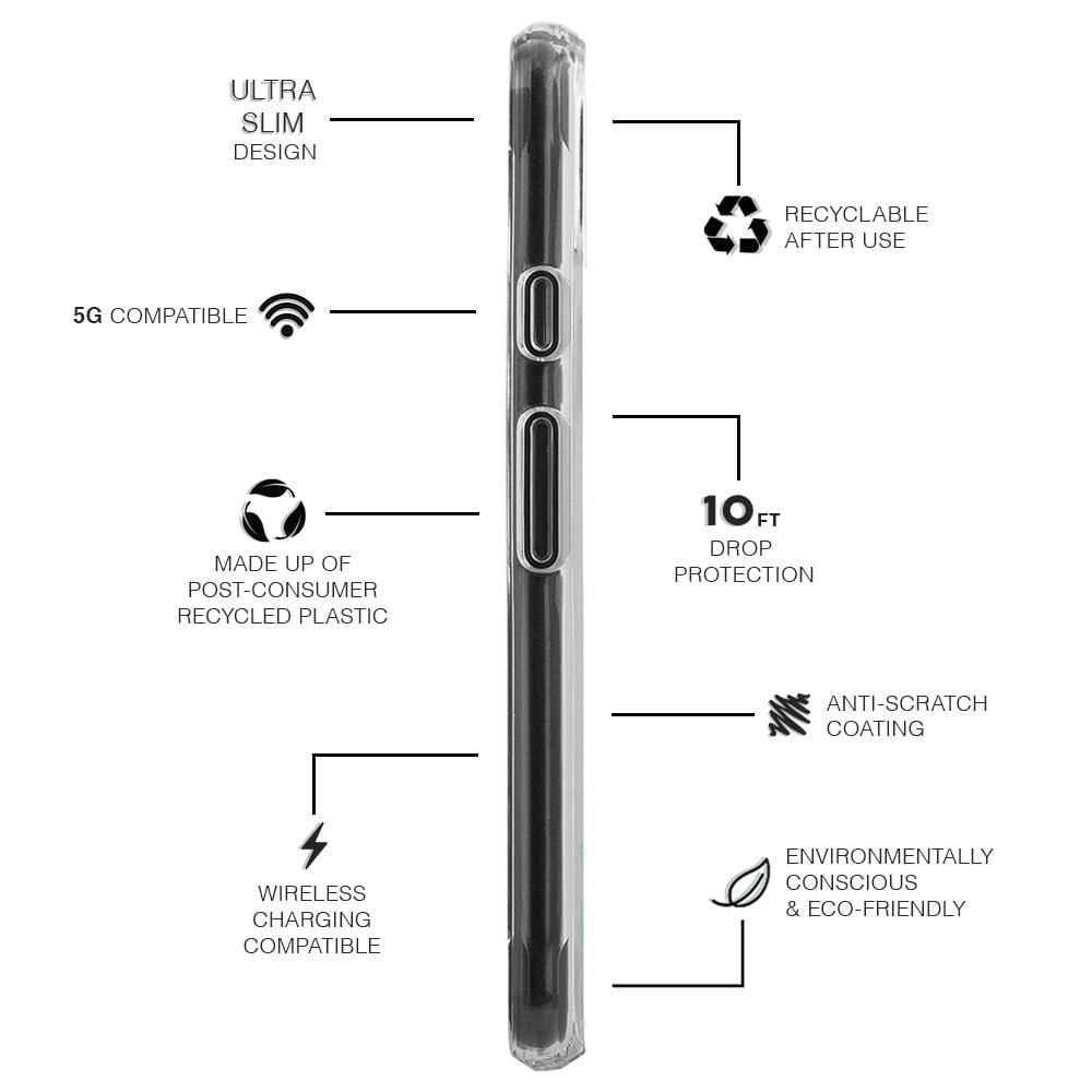 Features ultra slim design, 5G compatible, made up of post-consumer recycled plastic, wireless charging compatible, recyclable after use, 10ft drop protection, anti-scratch coating, environmentally conscious & eco-friendly. color::Clear