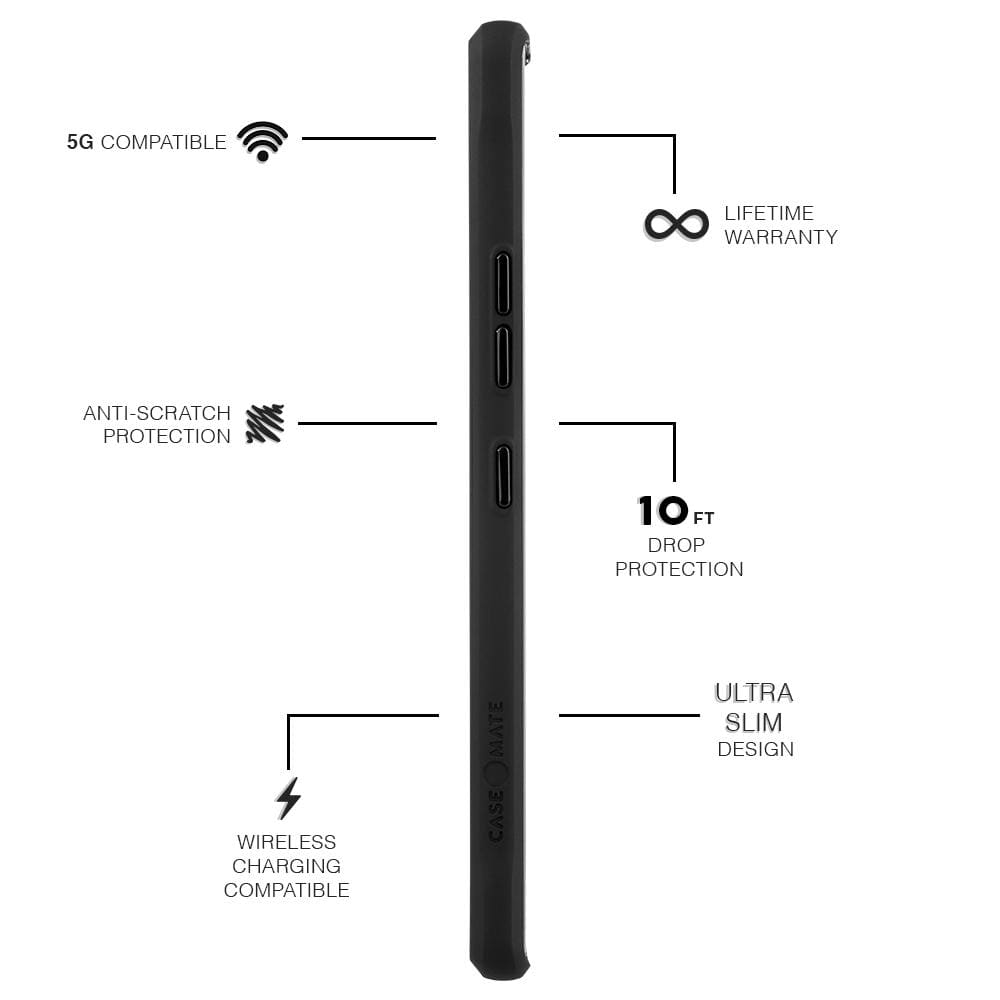 Features 5G Compatibility, Anti Scratch Protection, Wireless Charging Compatible, Lifetime Warranty, 10 ft Drop Protection, Ultra Slim Design. color::Black