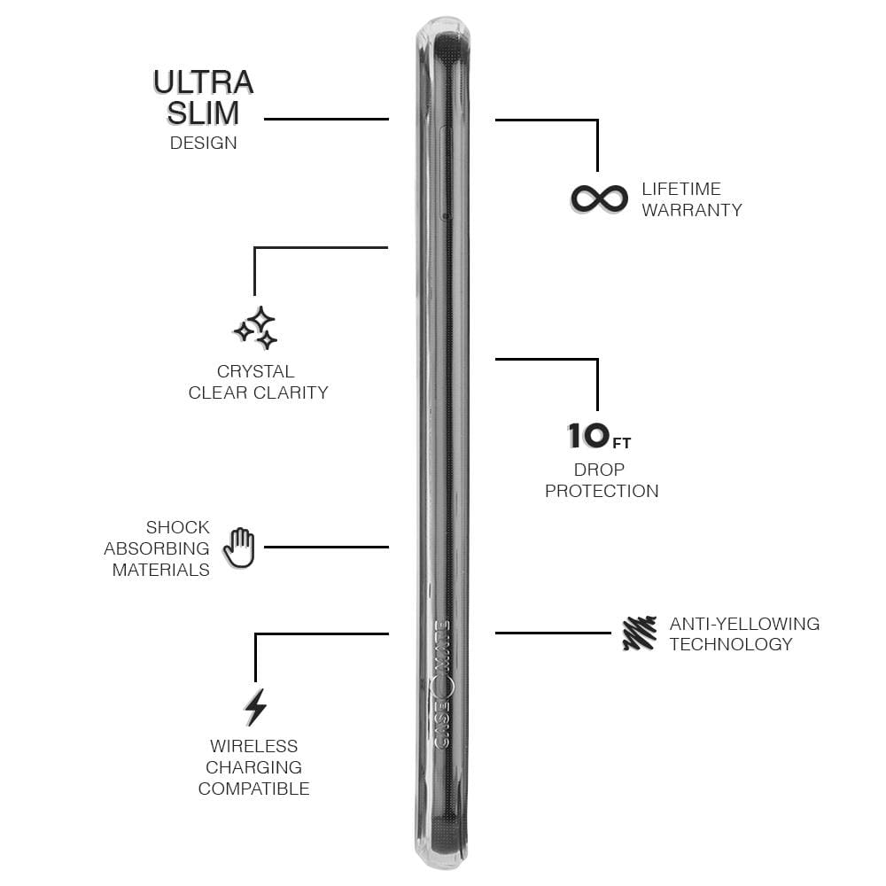 Features Ultra Slim Design, Crystal Clear Clarity, Shock Absorbing Materials, Wireless Charging Compatible, Lifetime Warranty, 10 Ft Drop Protection, Anit-Yellowing Technology. color::Clear