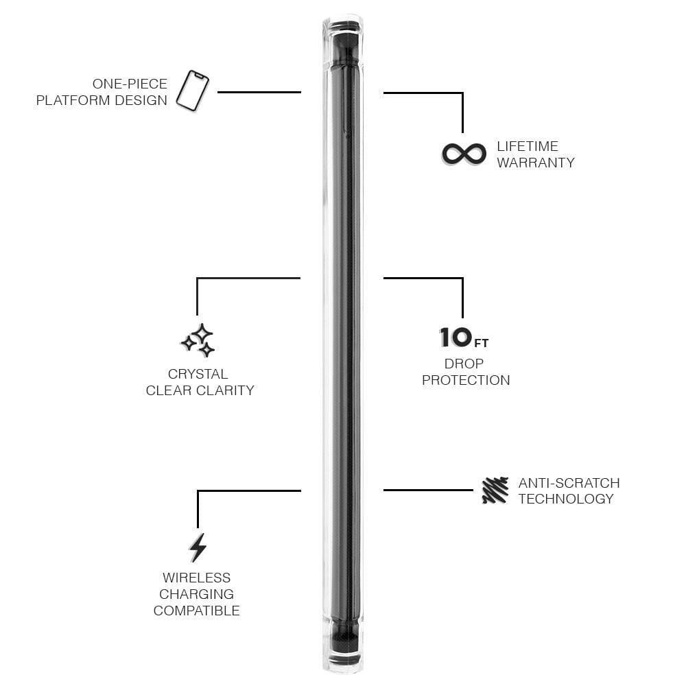 Features One Piece Platform Design, Crystal Clear Clarity, Wireless Charging Compatible, Lifetime Warranty, 10 ft Drop Protection, Anti- Scratch Technology. color::Clear