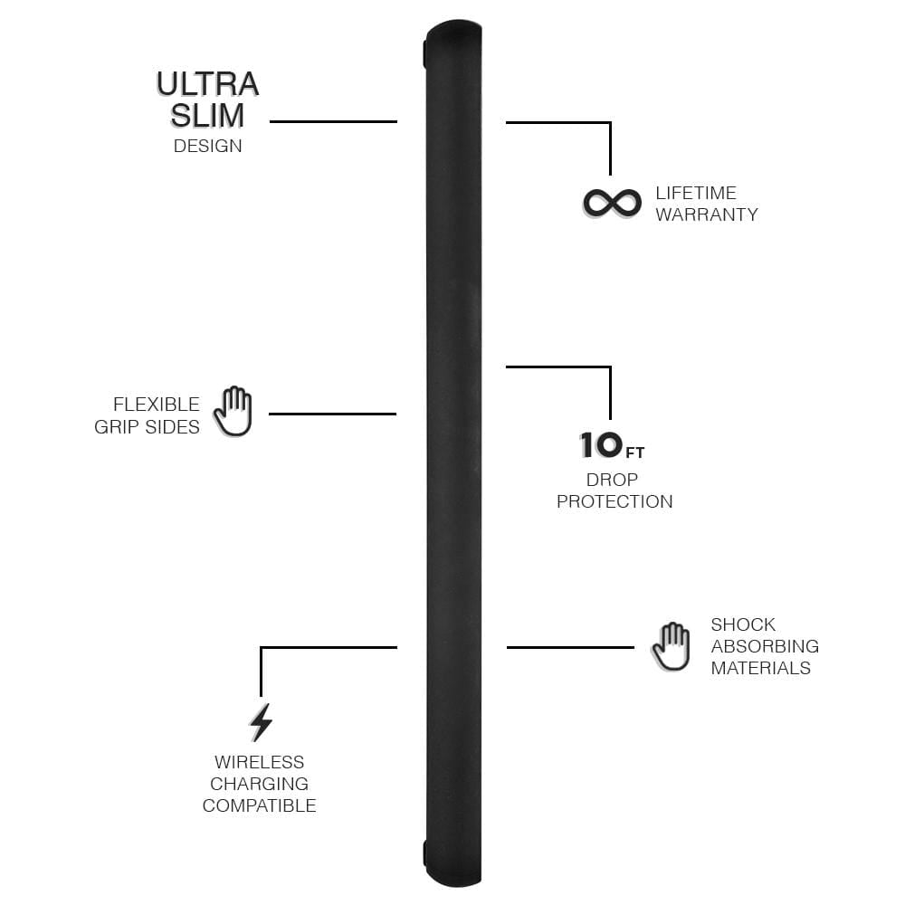 Features Ultra Slim design, Flexible Grip Sides, Wireless Charging compatible, Lifetime Warranty, 10 ft Drop Protection, Anti-Scratch Coating. color::Black