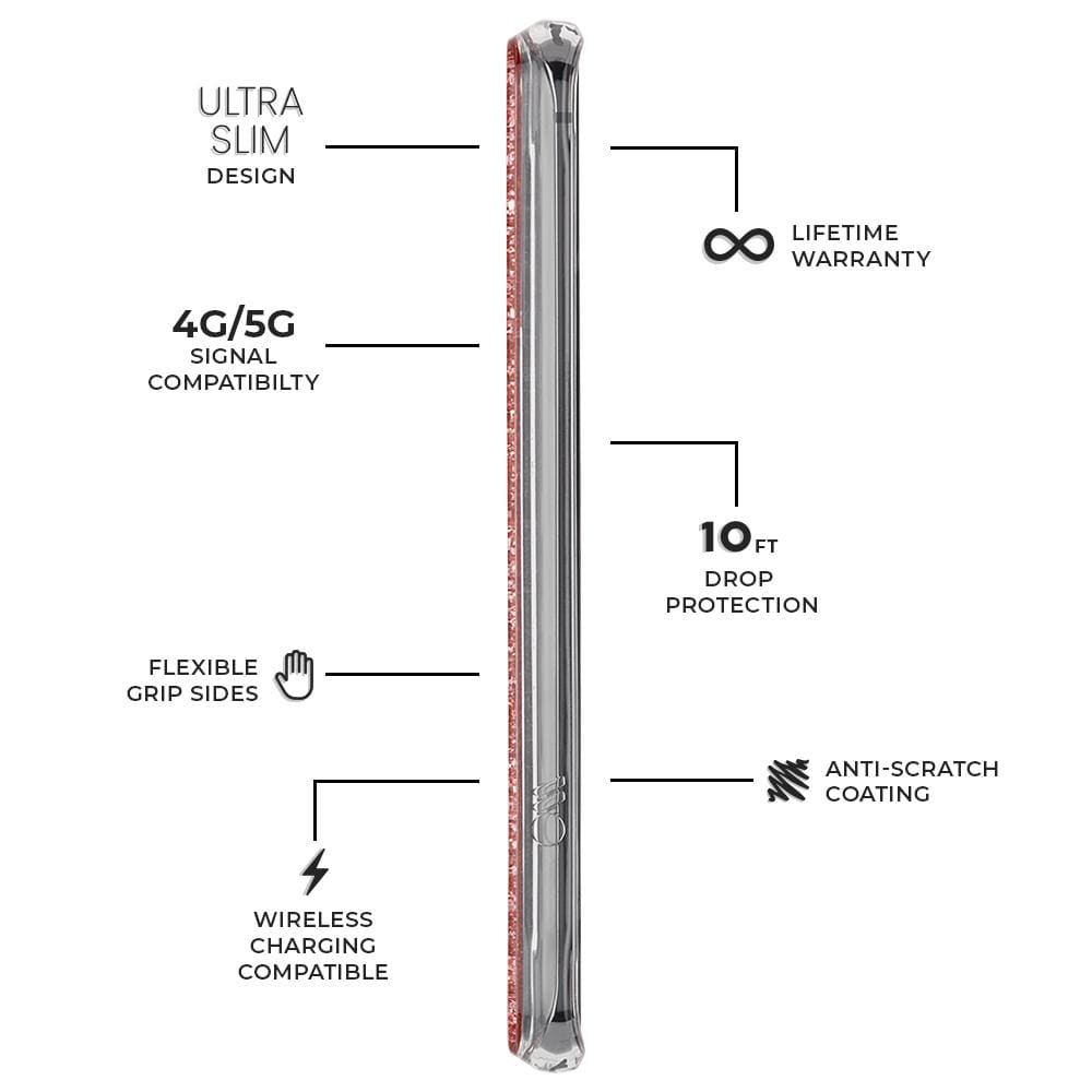 Ultra Slim Design, 4G/5G Compatiblity, Flexible Grip Sides, Wireless Charging Compatible, Lifetime Warranty, 10 ft Drop Protection, Anti-Scratch Coating. color::Twinkle Rose