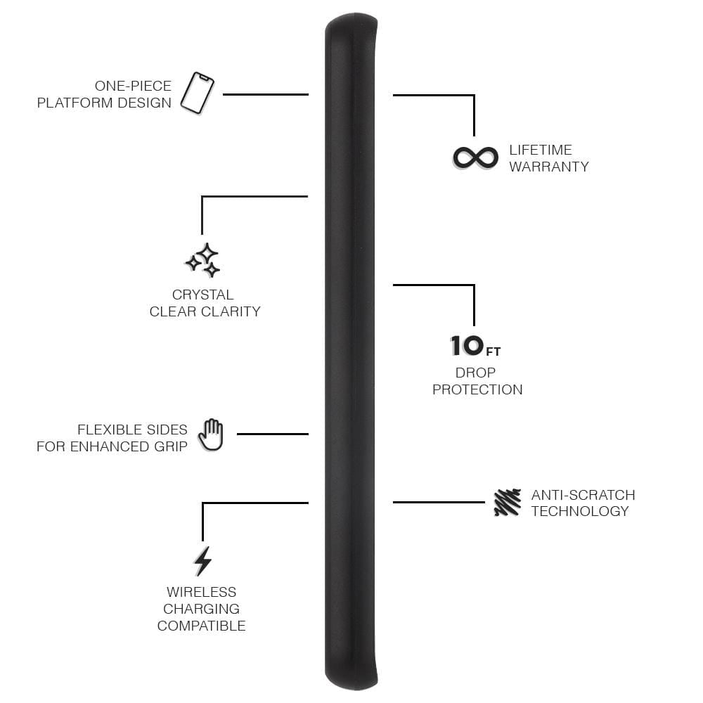 Features One Piece Platform Design, Crystal Clear Clarity, Flexible Sides for Enhanced Grip, Wireless Charging Compatible, Lifetime Warranty, 10 ft Drop Protection, Anti- Scratch Technology. color::Black