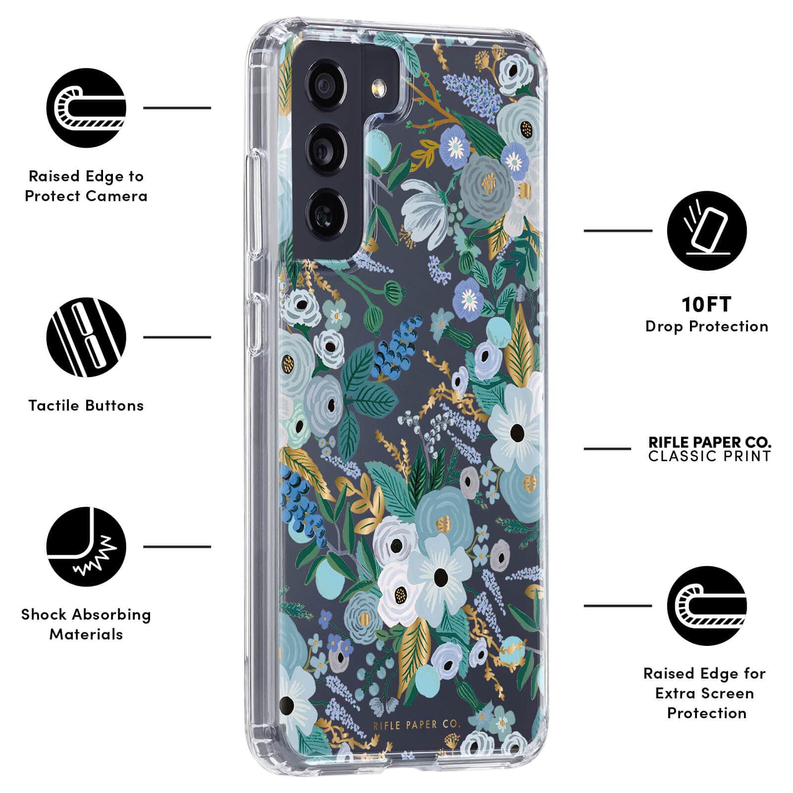 FEATURES: RAISED EDGE TO PROTECT CAMERA, TACTILE BUTTONS, SHOCK ABSORBING MATERIALS, 10FT DROP PROTECTION, RIFLE PAPER CO. CLASSIC PRINT, RAISED EDGE FOR EXTRA SCREEN PROTECTION. COLOR::GARDEN PARTY BLUE