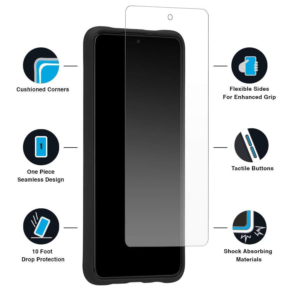 Features Cushioned Cornered, One piece Seamless design, 10 Ft Drop Protection, Flexible Sides for Enhanced Grip, Tactile Buttons, Shock Absorbing Materials. color::Black