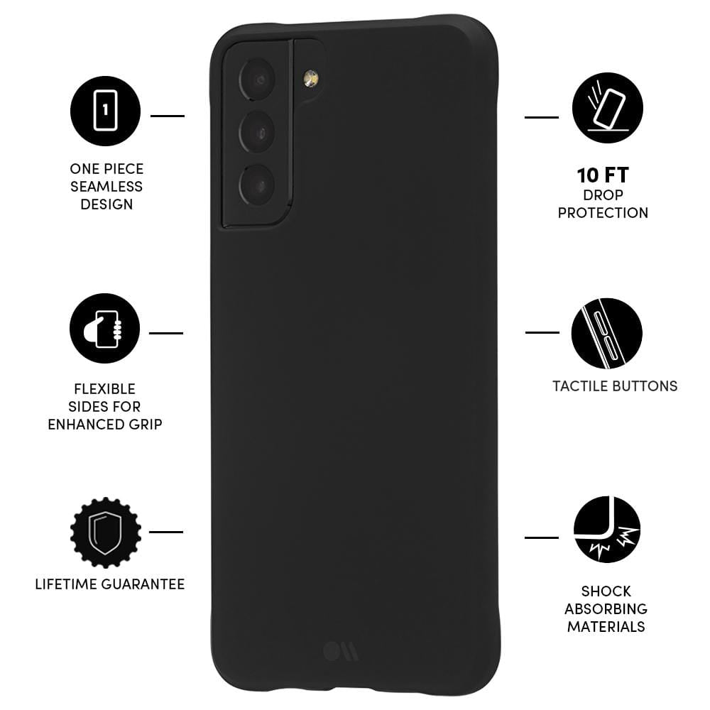 Features One piece seamless design, Flexible sides for enhanced grip, lifetime guarantee, 10 ft drop protection, tactile buttons, hock absorbing materials. color::Black