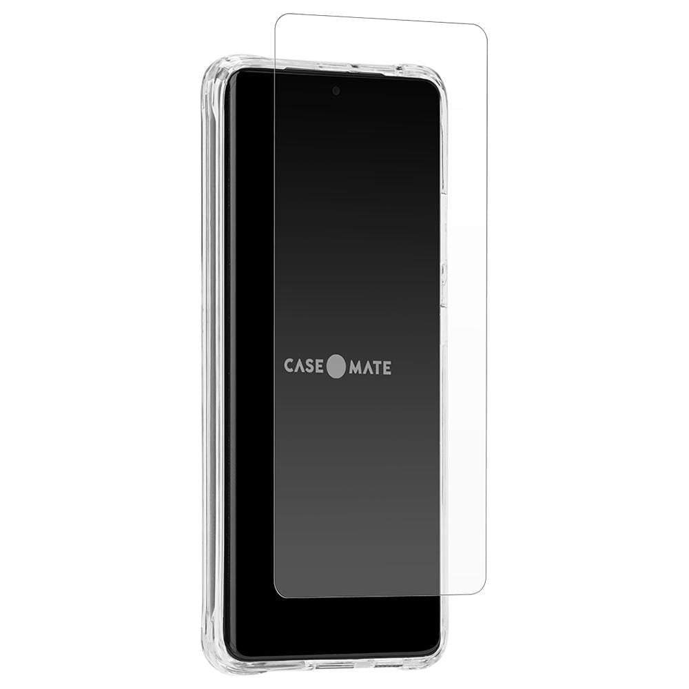 Case on phone with screen protector hovering in front. color::Clear