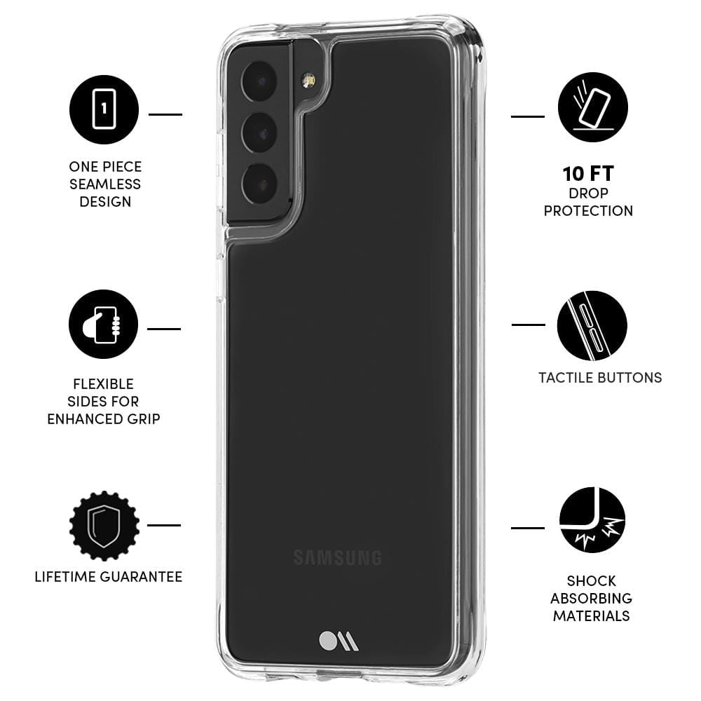 Features One Piece Seamless Design, Flexible Sides for Enhanced Grip, Lifetime Guaruntee, 10 ft Drop Protection, Tactile Buttons, Shock Absorbing Materials. color::Clear