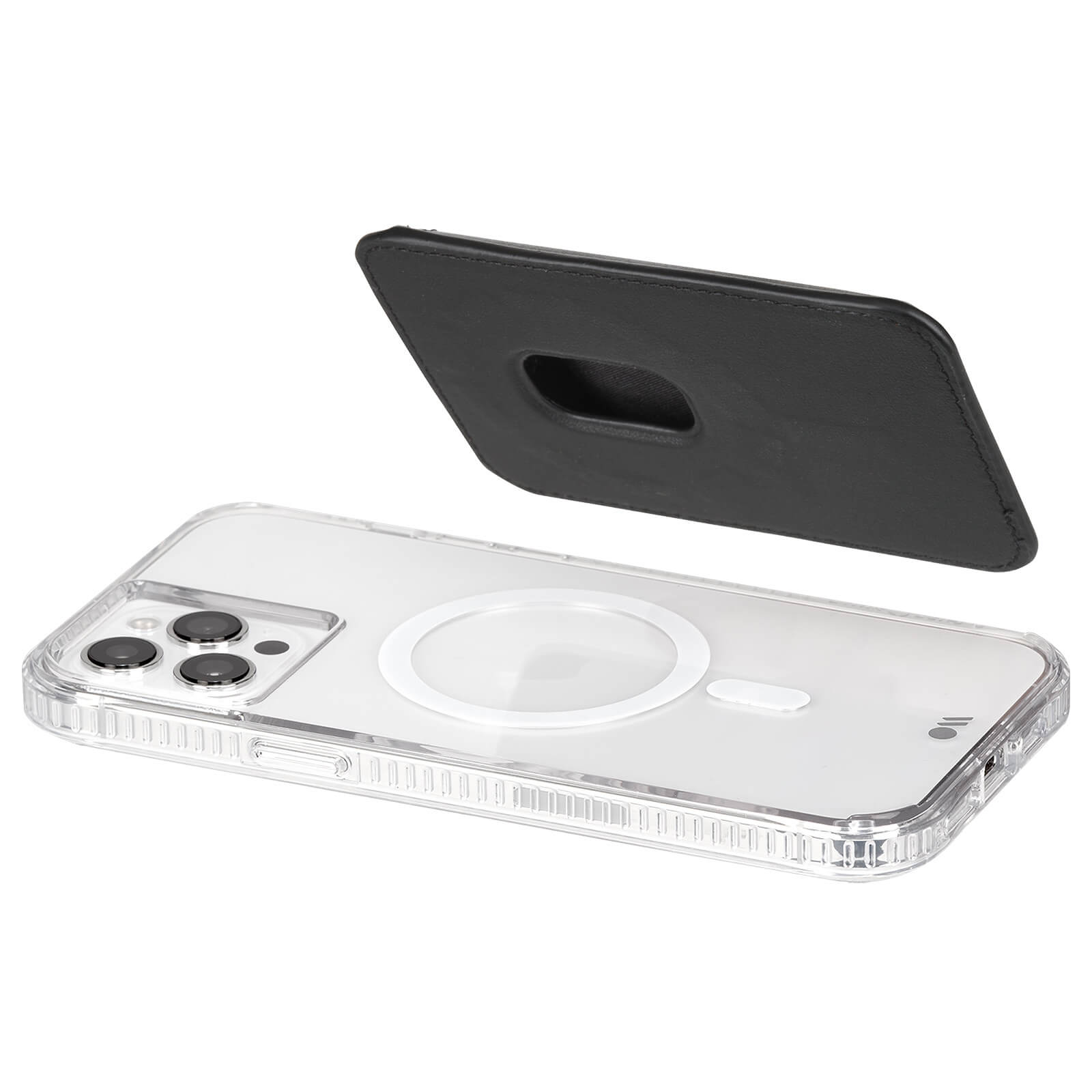 Magnetic MagSafe wallet attaches to compatible case or device. color::Black