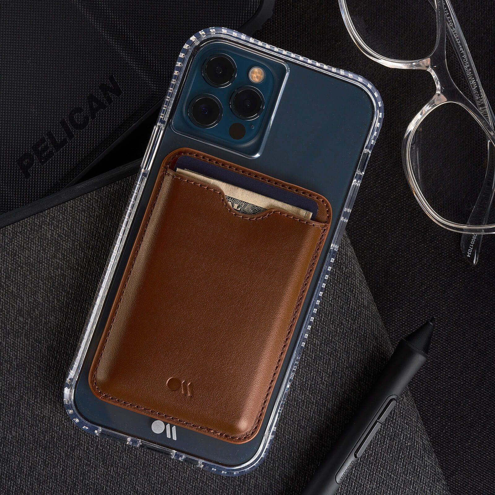 MagSafe Card Holder on phone. color::cognac