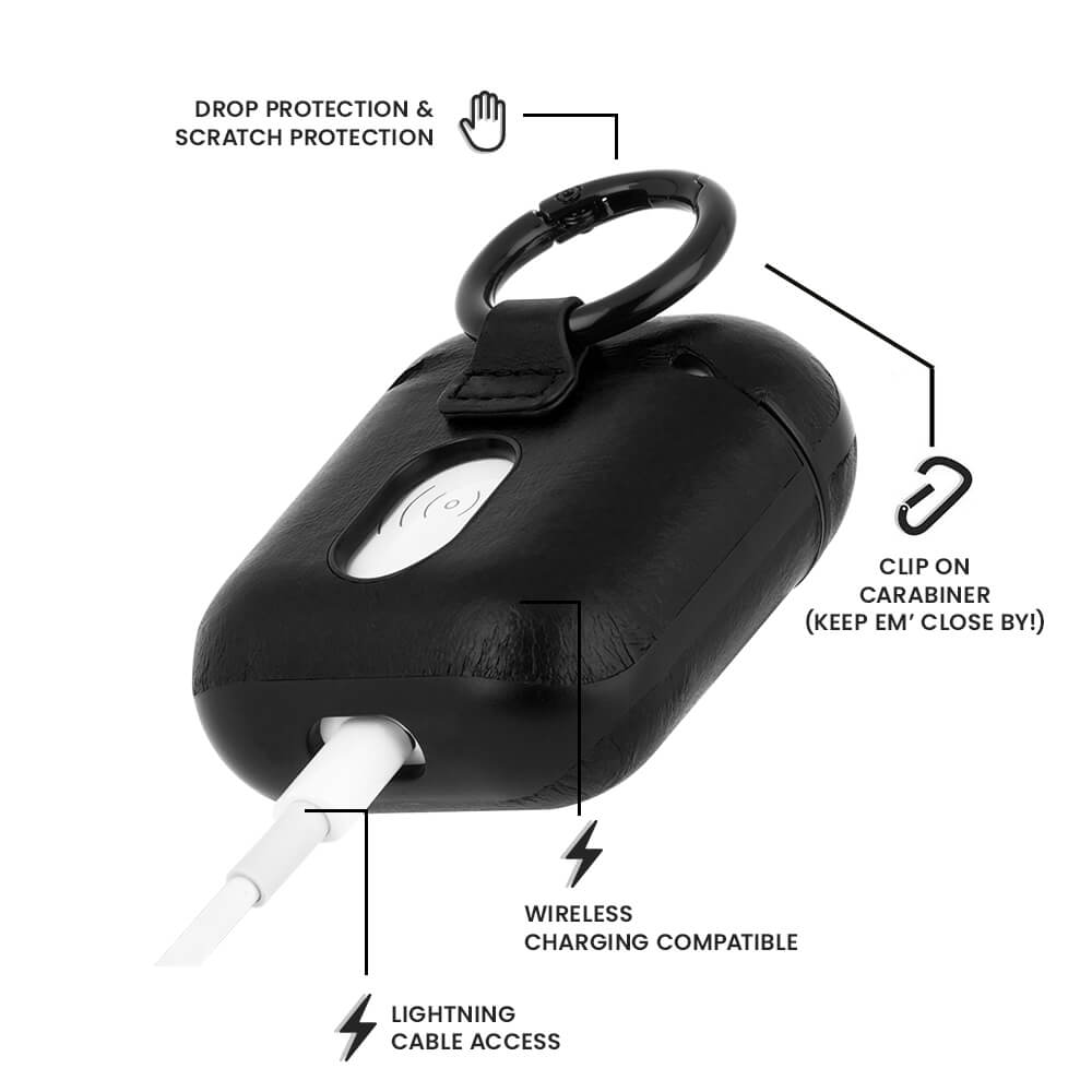 Features drop protection and scratch protection, lightning cable access, wireless charging compatible, clip on carabiner (keep em close by!) color::Black