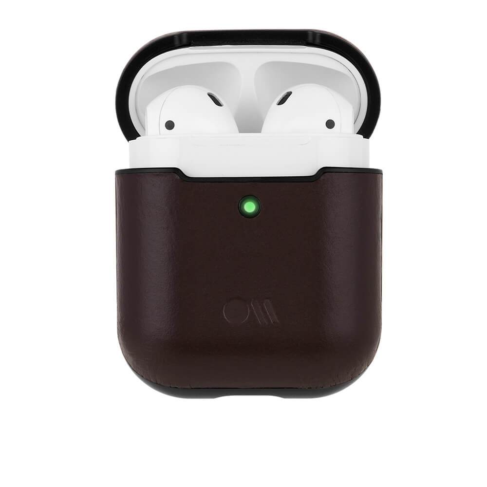 Brown Leather AirPods case slightly open. color::Brown