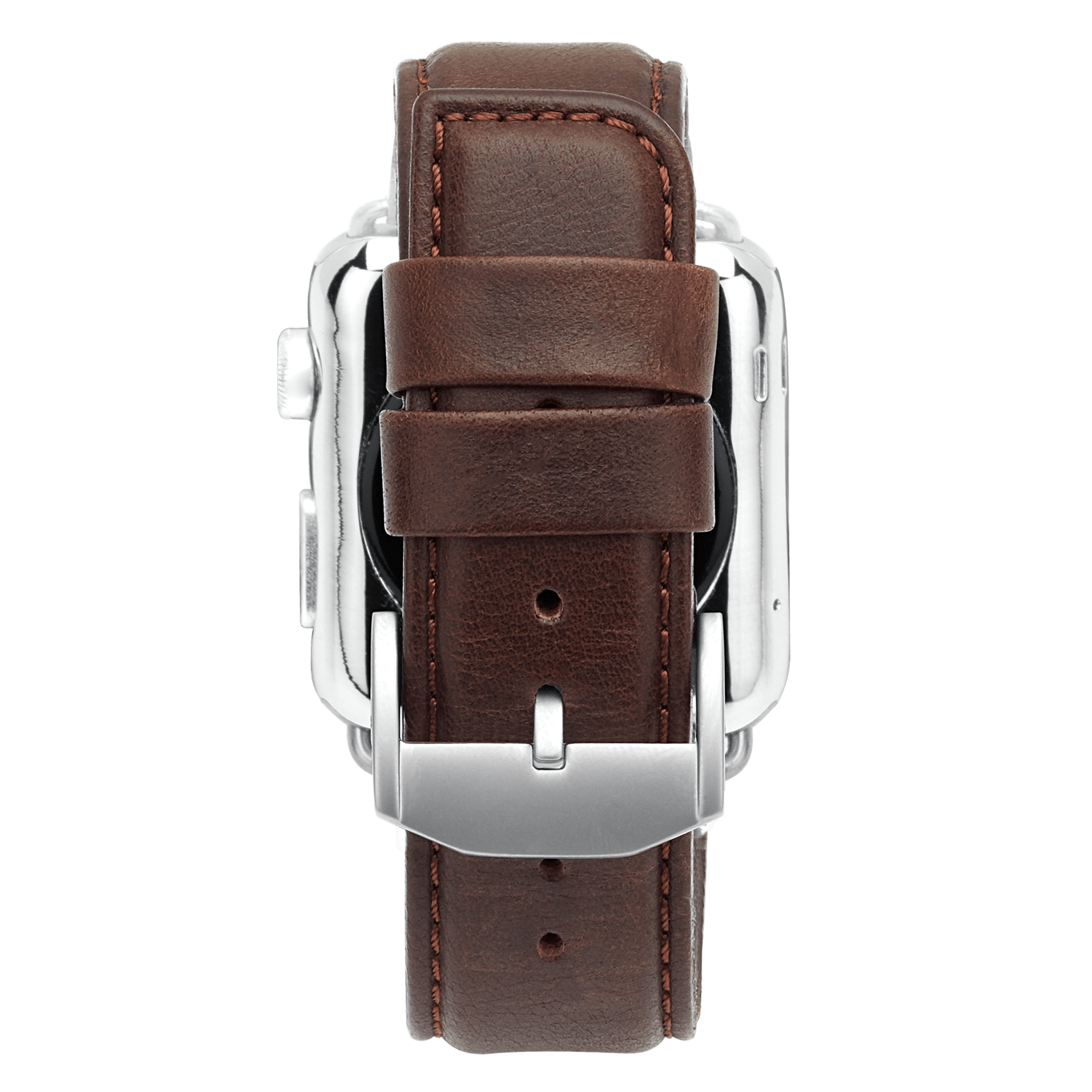 Back of leather watch band with silver hardware. color::Tobacco