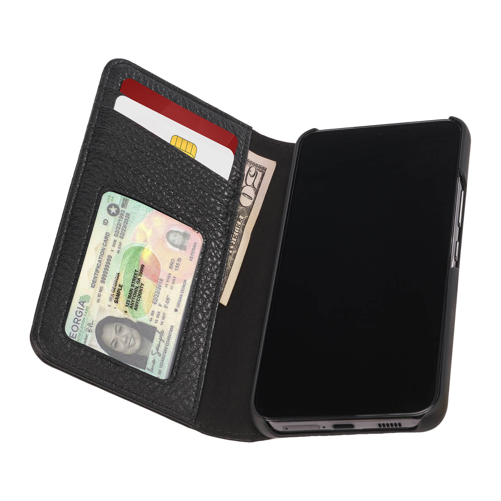 Case holds cards and cash in folio flap. color::Black