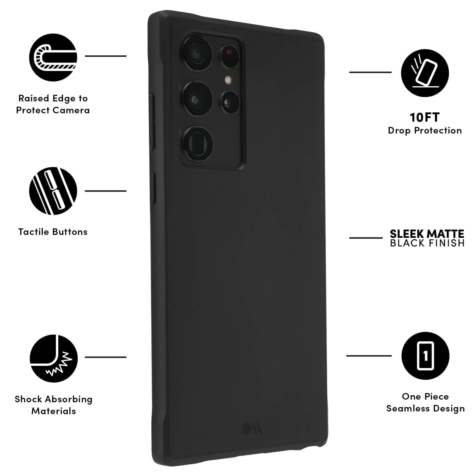 FEATURES: RAISED EDGE TO PROTECT CAMERA, TACTILE BUTTONS, SHOCK ABSORBING MATERIALS, 10FT DROP PROTECTION, SLEEK MATTE FINISH, ONE PIECE SEAMLESS DESIGN. COLOR::BLACK