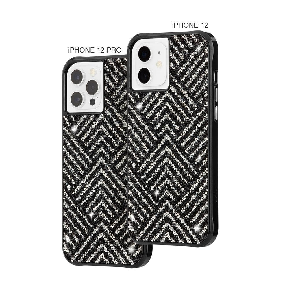 Black fashion case shown on iPhone 12 Pro and iPhone 12. color::Black