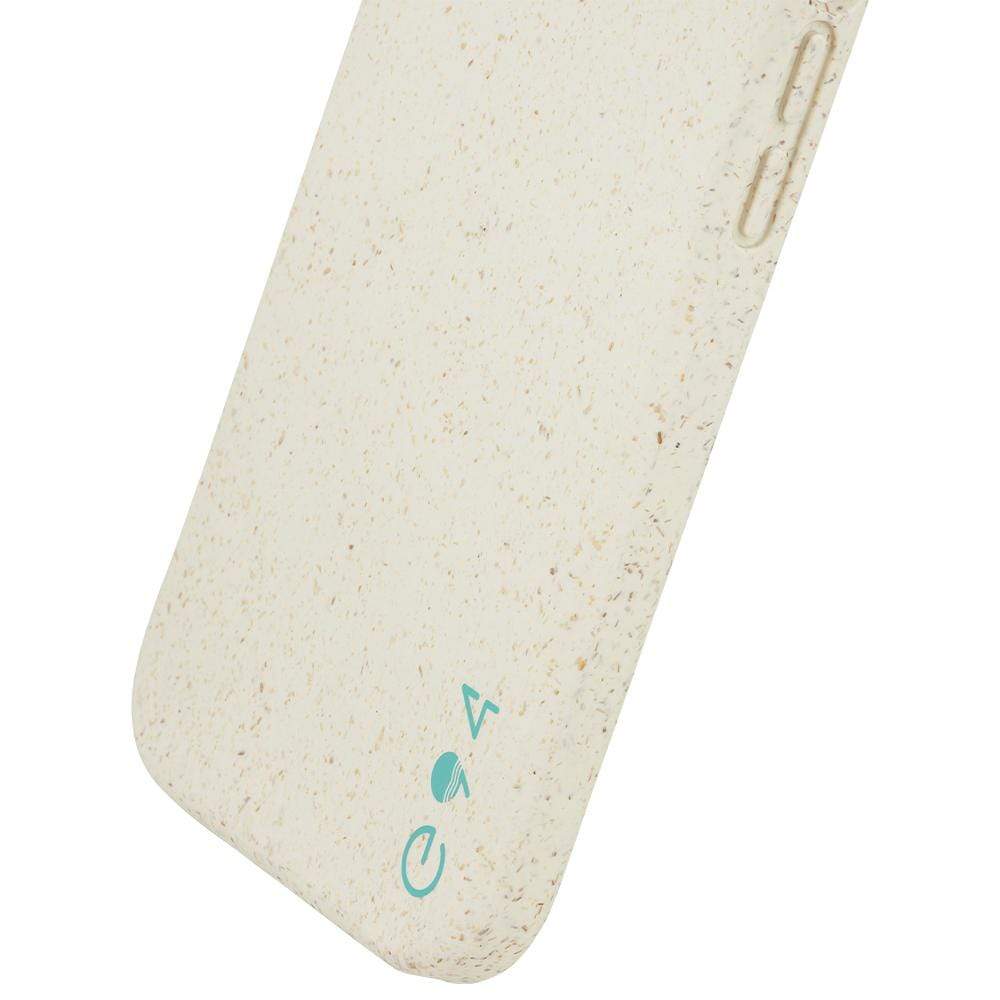 Up close shot of bottom of ECO 94 Biodegradable phone case. color:: Natural