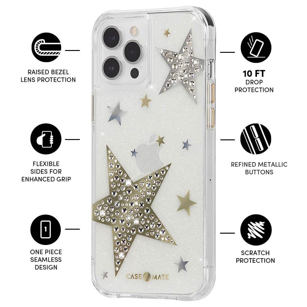 Features Raised Bezel Lens Protection, Flexible sides for Enhanced Grip, One Piece Seamless Design, 10 ft Drop Protection, Refined Metallic Buttons, Scratch Protection. color::Sheer Superstar