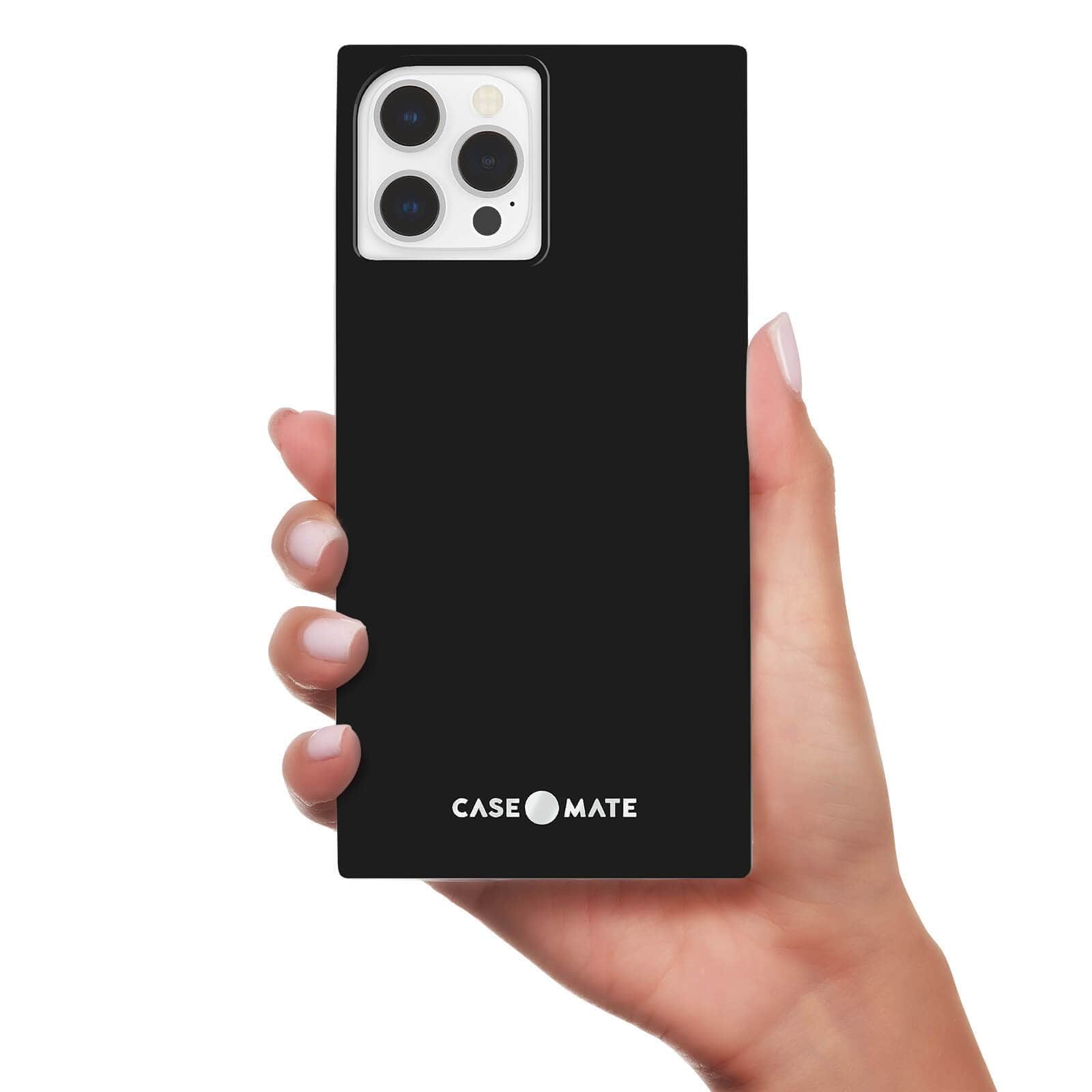 Hand holding rectangular black iPhone 13 mini case. color::Black