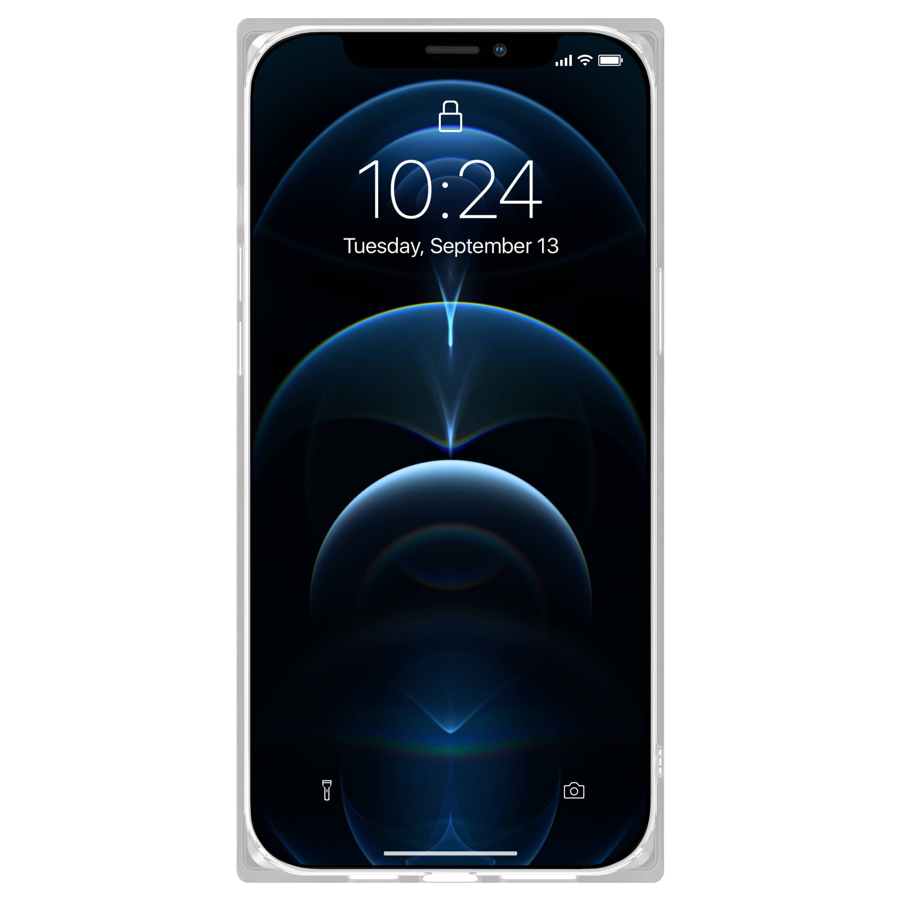 Front of case with clear sides shown on phone. color::White Marble