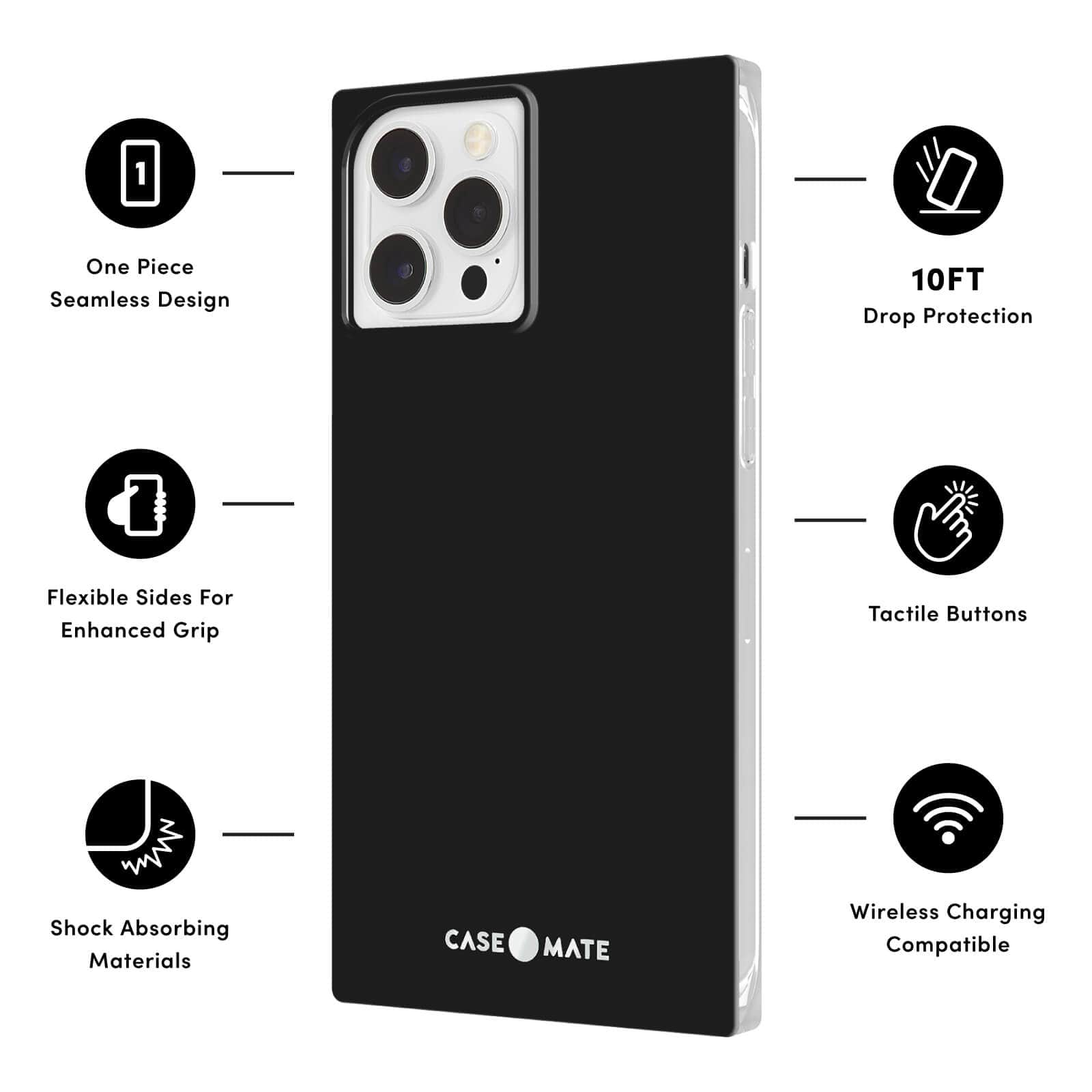 Features One Piece Seamless Design, Flexible Sides for Enhanced Grip, Shock Absorbing Materials, 10 ft Drop Protection, Tactile Buttons, Wireless Charging Compatible. color::Black