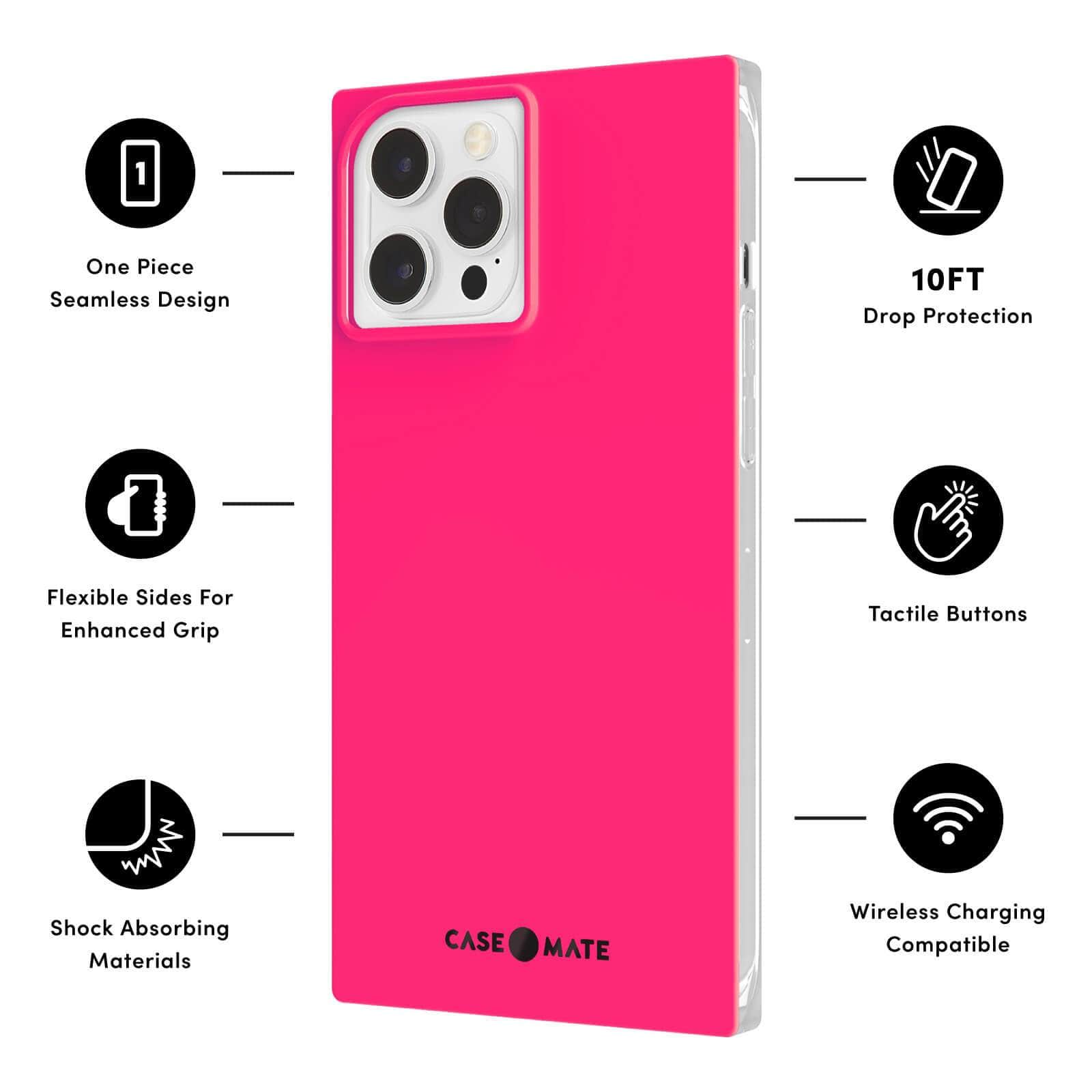 Features One Piece Seamless Design, Flexible Sides for Enhanced Grip, Shock Absorbing Materials, 10 ft Drop Protection, Tactile Buttons, Wireless Charging Compatible. color::Hot Pink