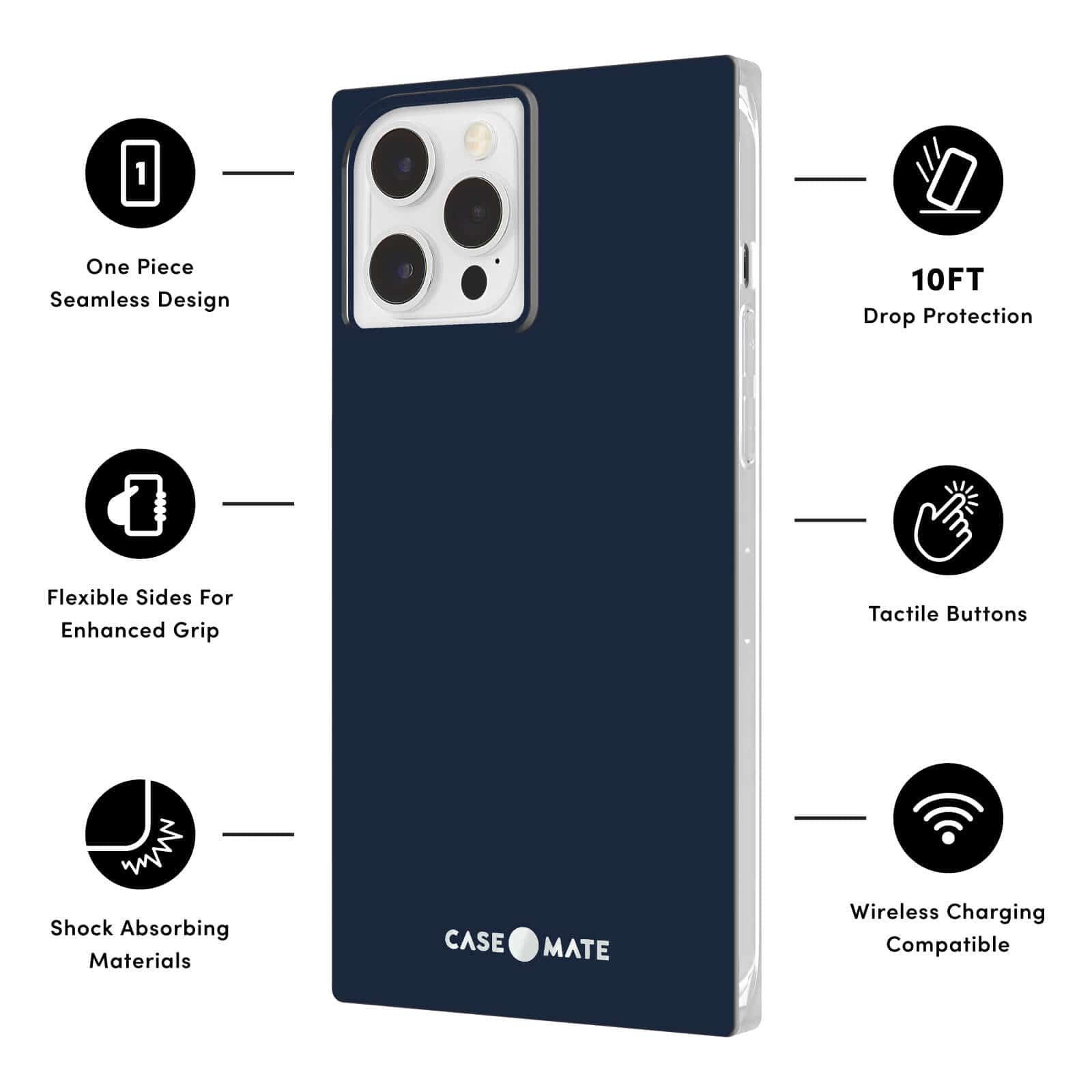 Features One Piece Seamless Design, Flexible Sides for Enhanced Grip, Shock Absorbing Materials, 10 ft Drop Protection, Tactile Buttons, Wireless Charging Compatible. color::Navy