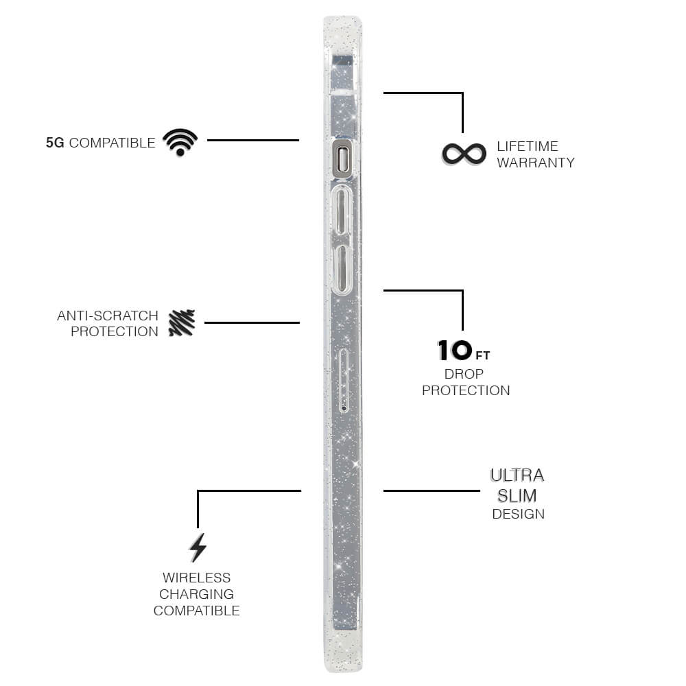 Features 5G Compatible, Anti-Scratch Protection, Wireless Charging, Lifetime Warranty, 10 ft Drop Protection, Ultra Slim Design. color::Clear