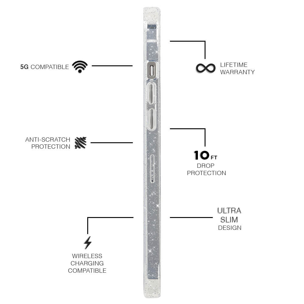 Features 5G Compatible, Anti-Scratch Protection, Wireless Charging, Lifetime Warranty, 10 ft Drop Protection, Ultra Slim Design. color::Clear