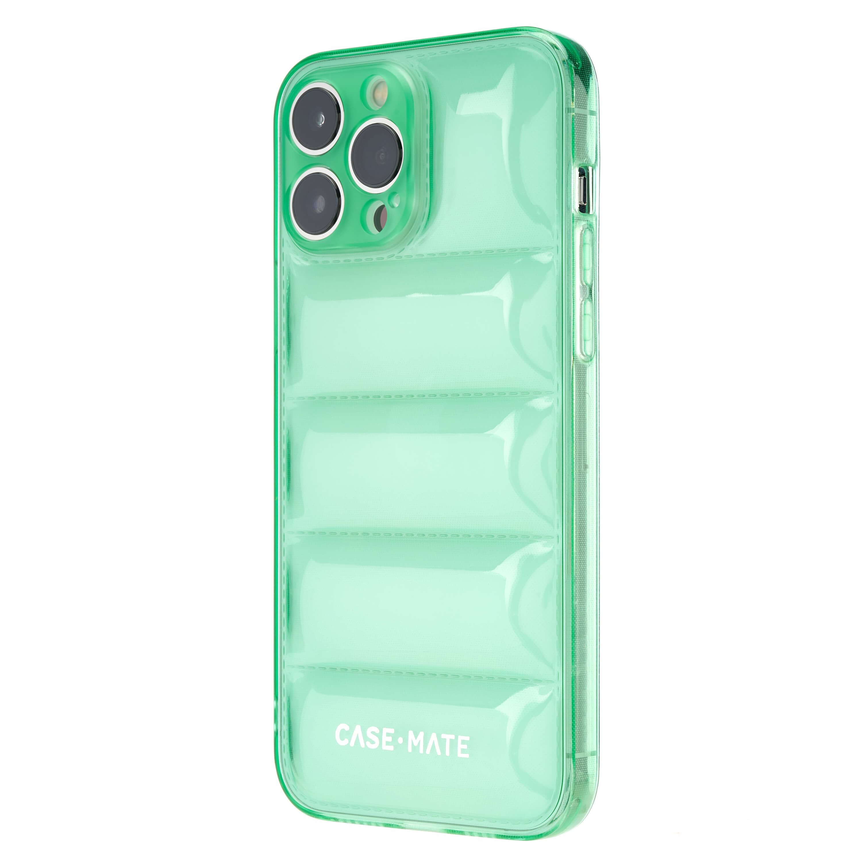 Slightly turned angle of green jelly puffer case. color::Juicy Pear