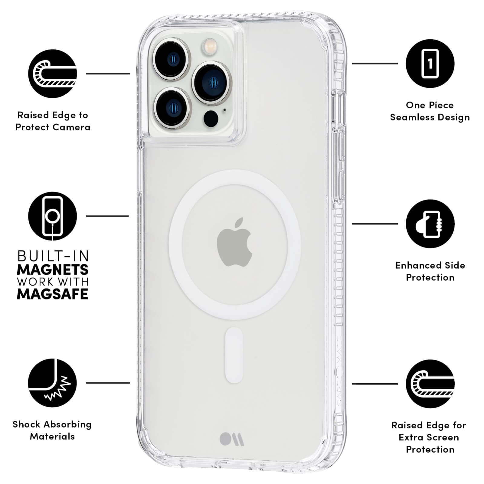 FEATURES: RAISED EDGE TO PROTECT CAMERA, BUILT-IN MAGNETS WORK WITH MAGSAFE, SHOCK ABSORBING MATERIALS, ONE PIECE SEAMLESS DESIGN, ENHANCED SIDE PROTECTION, RAISED EDGE FOR EXTRA SCREEN PROTECTION. COLOR::CLEAR