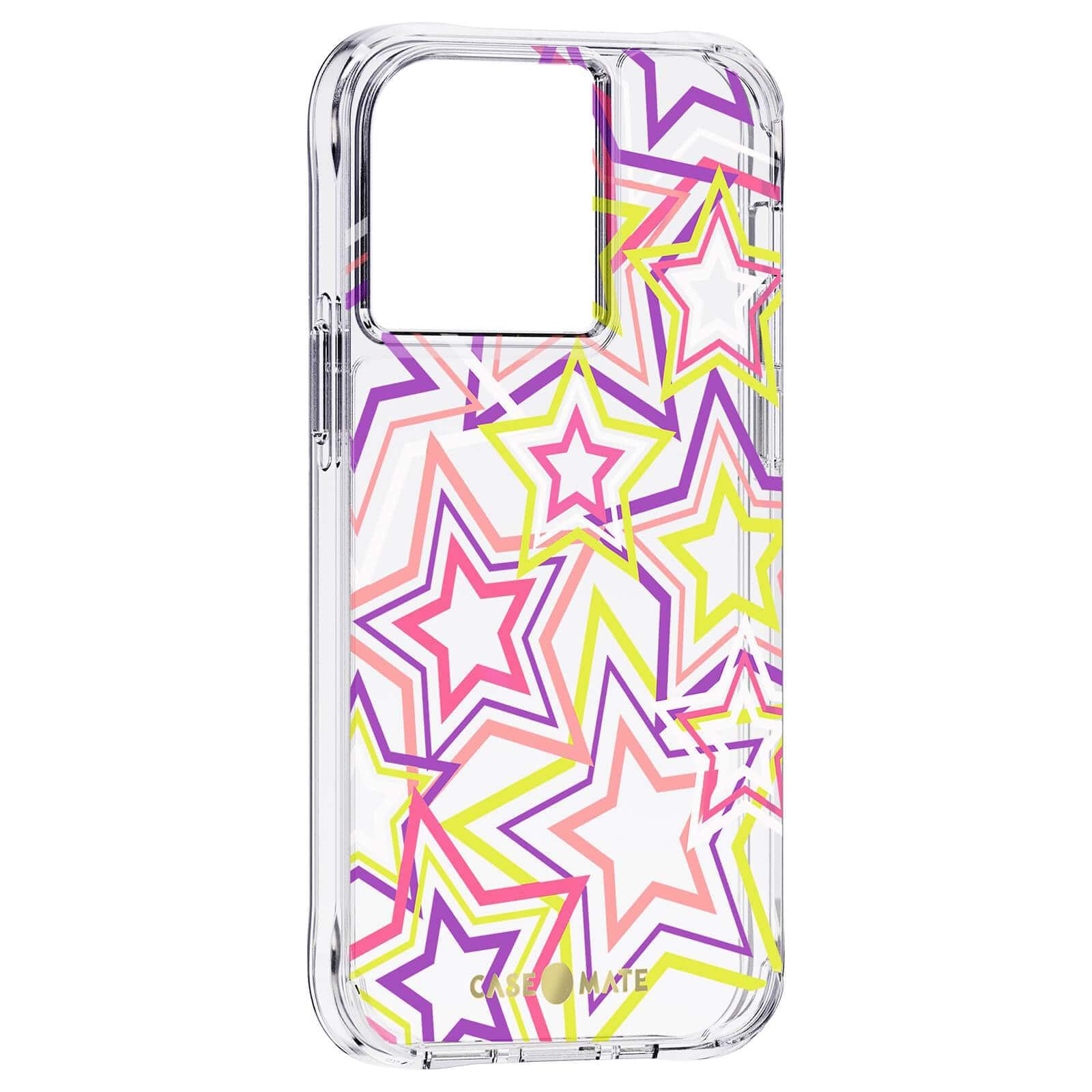 Partially clear case with pink, yellow, and purple neon stars for iPhone 13 Pro. color::Neon Stars