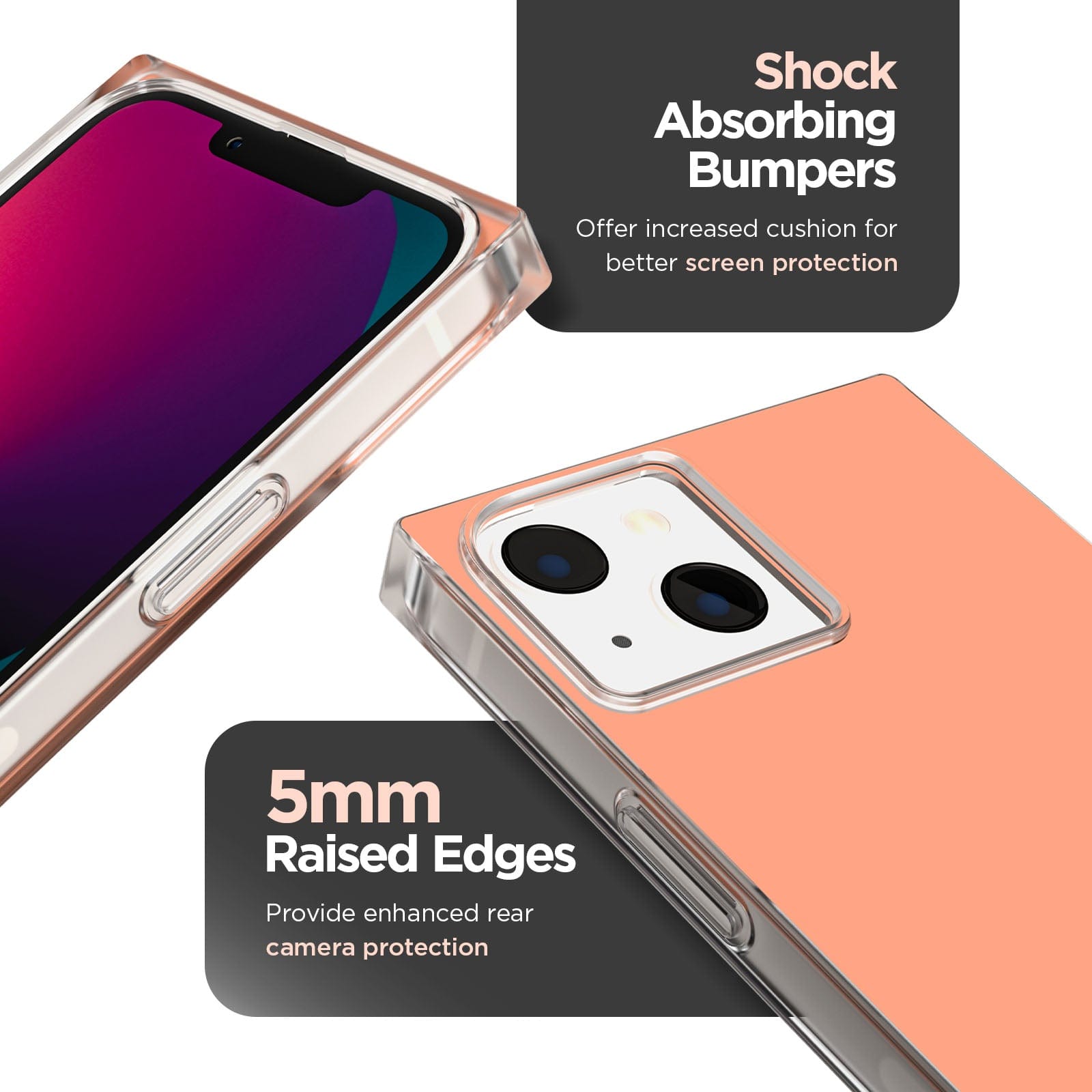 Shock absorbing bumpers offer increased cushion for better screen protection. 5mm raised edges provide enhanced rear camera protection. color::Clay Pink