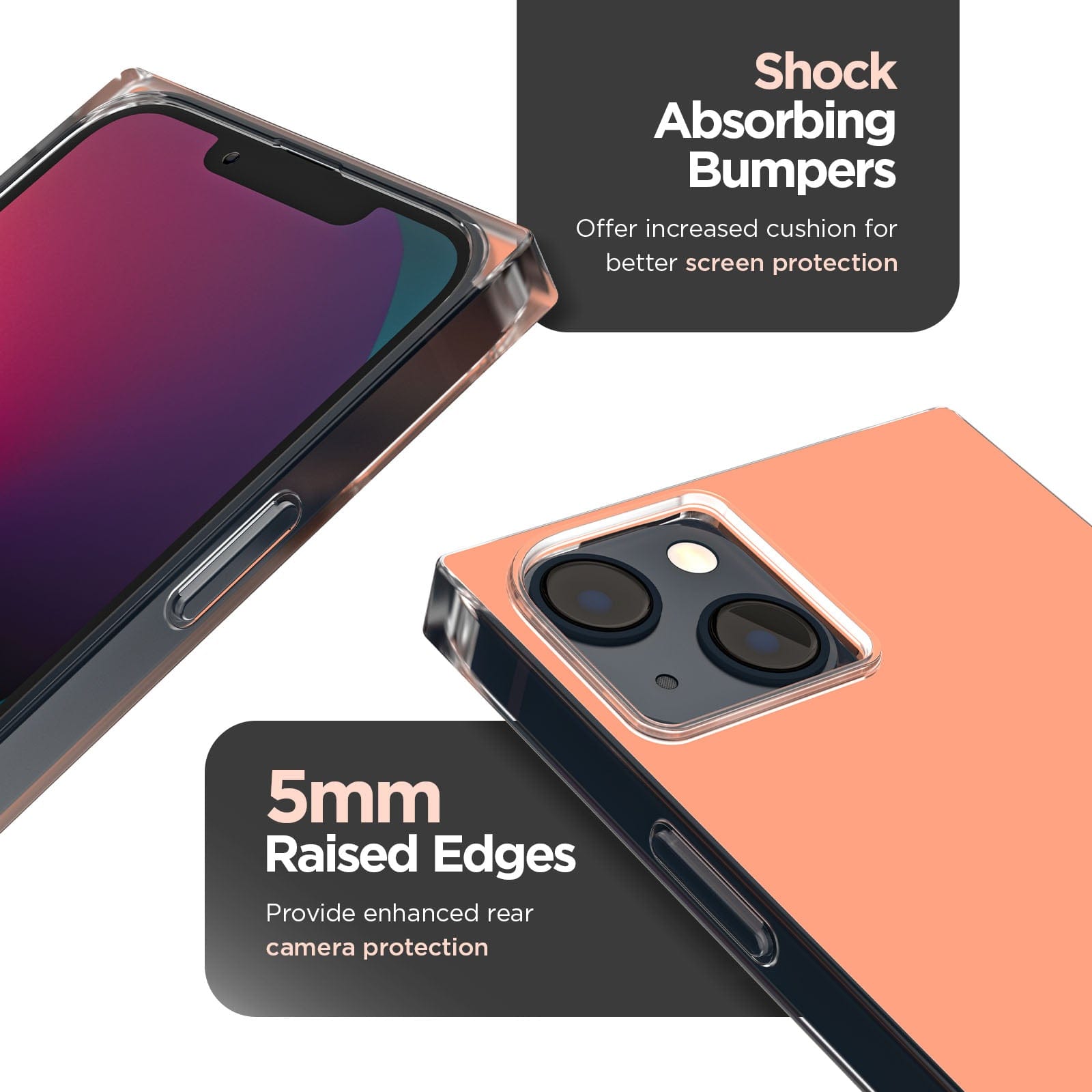 Shock absorbing bumpers. Offer increased cushion for better screen protection. 5mm raised edges provide enhanced rear camera protection. color::Clay Pink