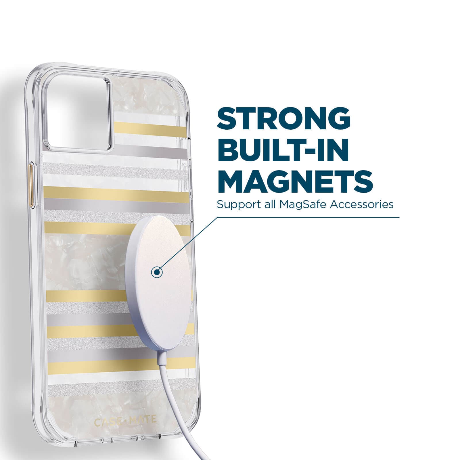 Strong built-in magnets support all MagSafe accessories. color::Pearl