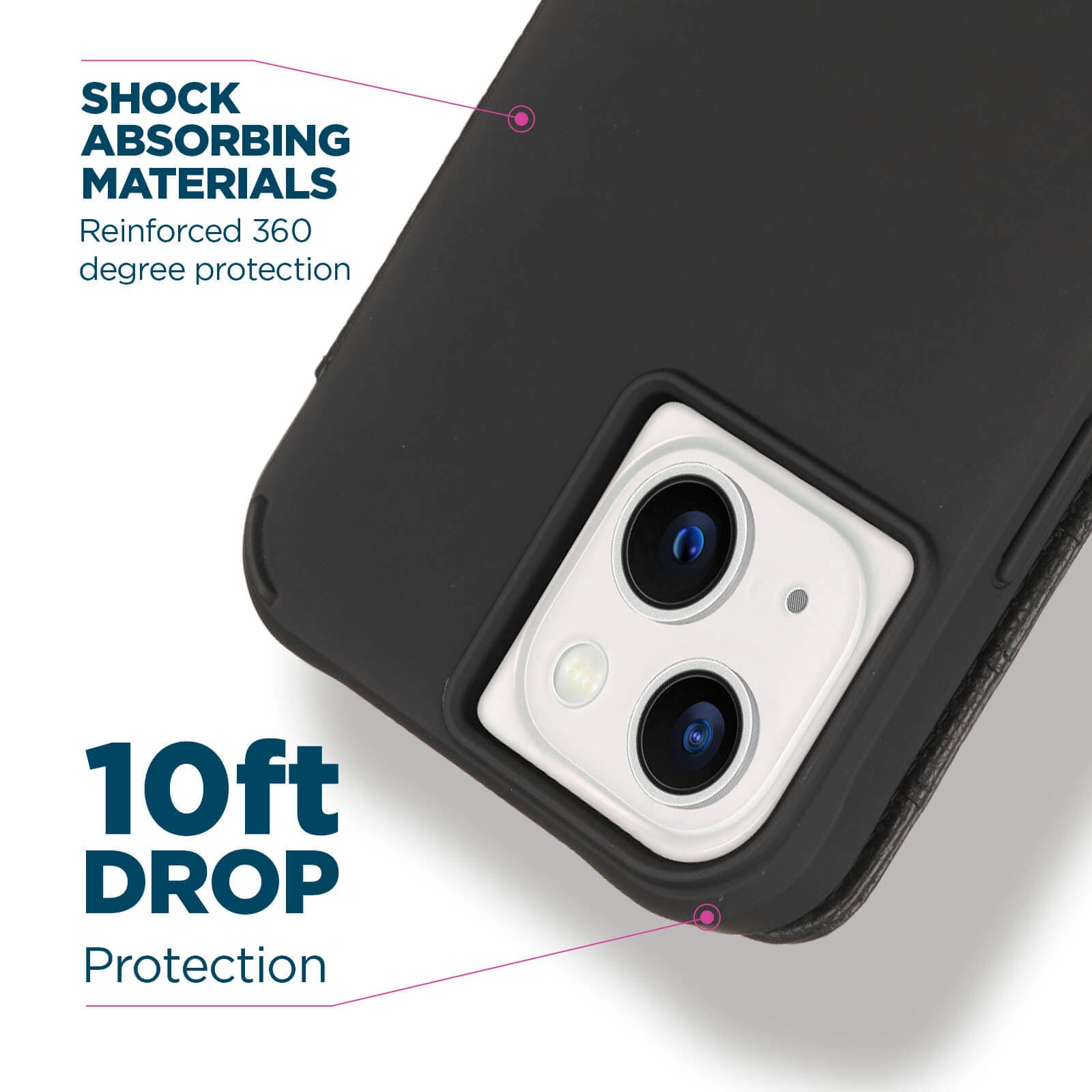 Shock absorbing materials reinforced for 360 degree protection. 10ft drop protection. color::Black