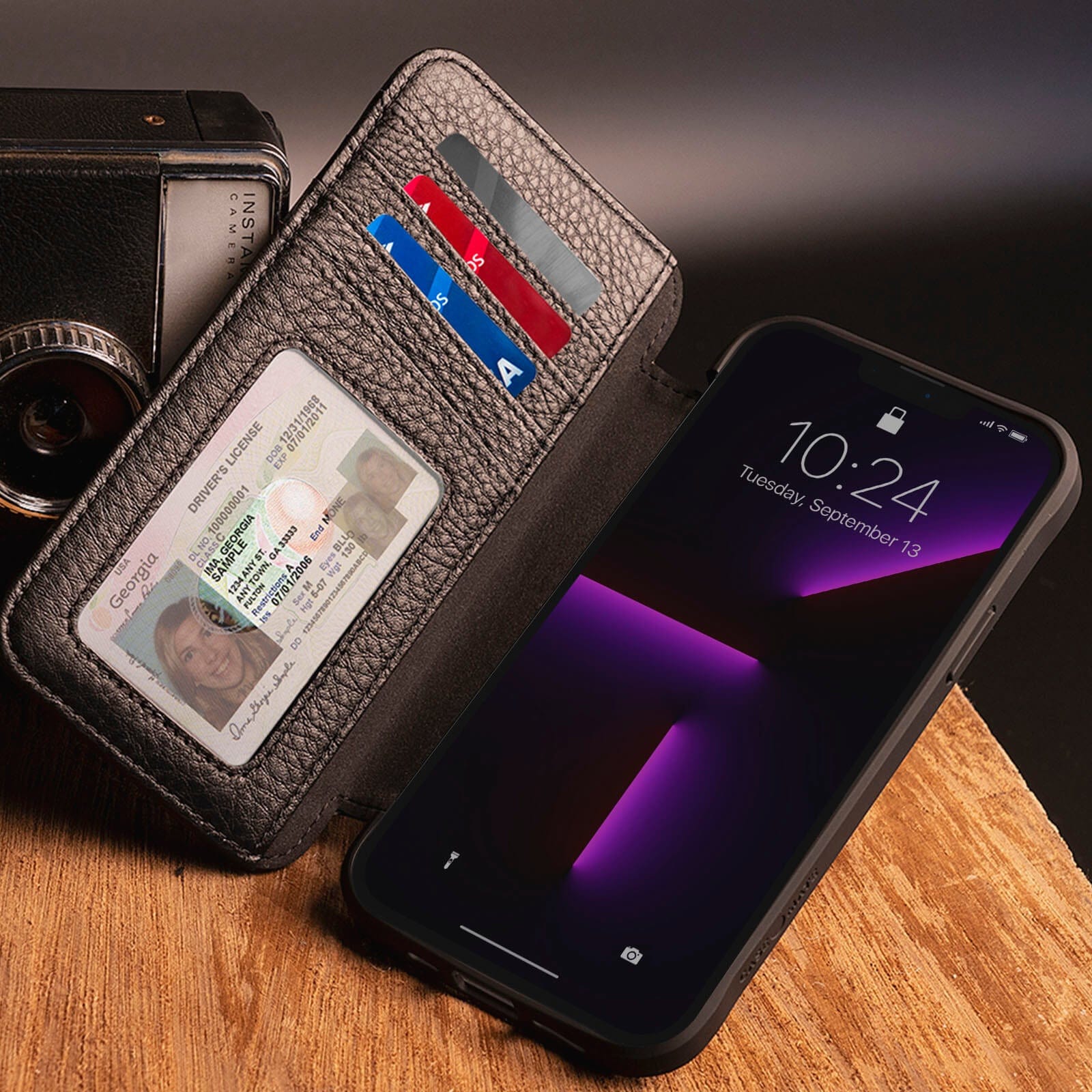 Wallet full of cards and IDs. color::Black