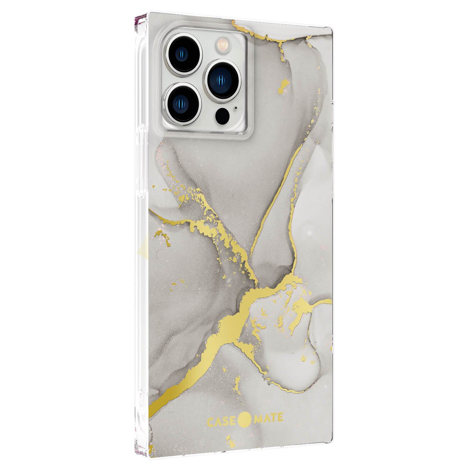 Grey and gold marble case for iPhone 13 Pro with sharp square corners. color::Fog Marble